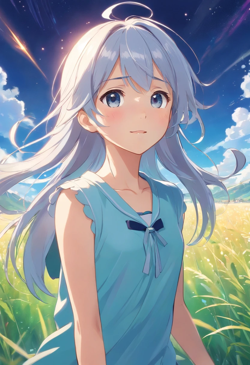 A lively -yeld giwith silver hair is a sight to behold. Her hair, a striking shade of silver, glistens like moonlight, giving her a unique and enchanting appearance. She radiates boundless energy, always on the move, exploring the world with an insatiable curiosity. Her sparkling sapphire eyes reflect her vivacious spirit, constantly twinkling with excitement. Dressed in vibrant, playful outfits, she is a whirlwind of youthful enthusiasm. Whether she's sprinting through a field, laughing with friends, or embarking on new adventures, her silver hair is a testament to her extraordinary nature, a shimmering crown that sets her apart as a one-of-a-kind young dynamo.