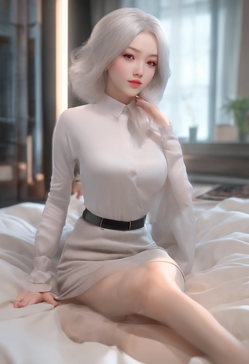 Koneko Toujou A beautiful girl with an innocent face and Western appearance, ultra realistic, small, hard and pointed breasts, thin waist, (short white hair), short, innocent beauty, blue eyes. She is wearing men&#39;s white unbuttoned sheer shirt, white lace panties, standing beside the bed, seducing, bedroom, sheets, pillows, short sassy, teasing look and face, (realistic and detailed photo, best quality, a masterpiece, 8K, vibrant colors, hyper detailed) realistic style,