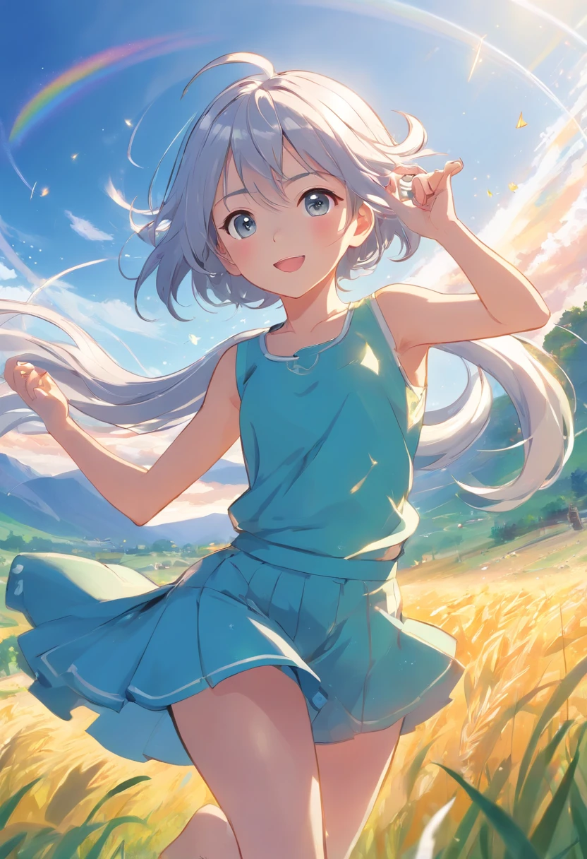 A lively 12-year-old girl with silver hair is a sight to behold. Her hair, a striking shade of silver, glistens like moonlight, giving her a unique and enchanting appearance. She radiates boundless energy, always on the move, exploring the world with an insatiable curiosity. Her sparkling sapphire eyes reflect her vivacious spirit, constantly twinkling with excitement. Dressed in vibrant, playful outfits, she is a whirlwind of youthful enthusiasm. Whether she's sprinting through a field, laughing with friends, or embarking on new adventures, her silver hair is a testament to her extraordinary nature, a shimmering crown that sets her apart as a one-of-a-kind young dynamo.