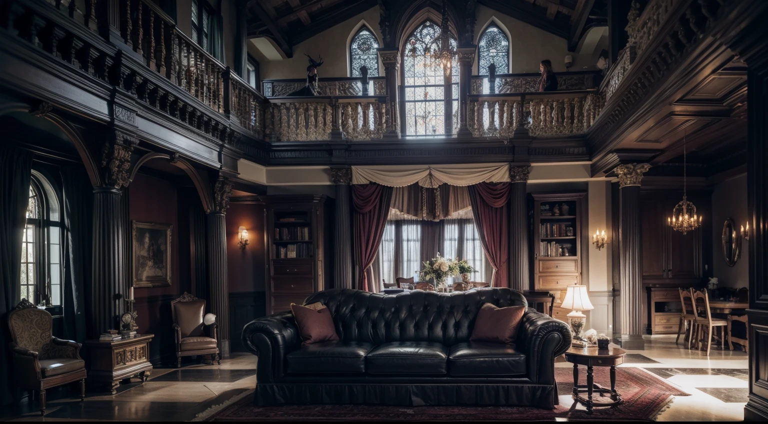 A dark night、A Western-style living room deep in the dark and mysterious forest、Relax、 Interior architecture, Gothic art, Verism, One-person viewpoint, From the outside, kanon, Super detail, High quality, A high resolution, 8K, Best quality