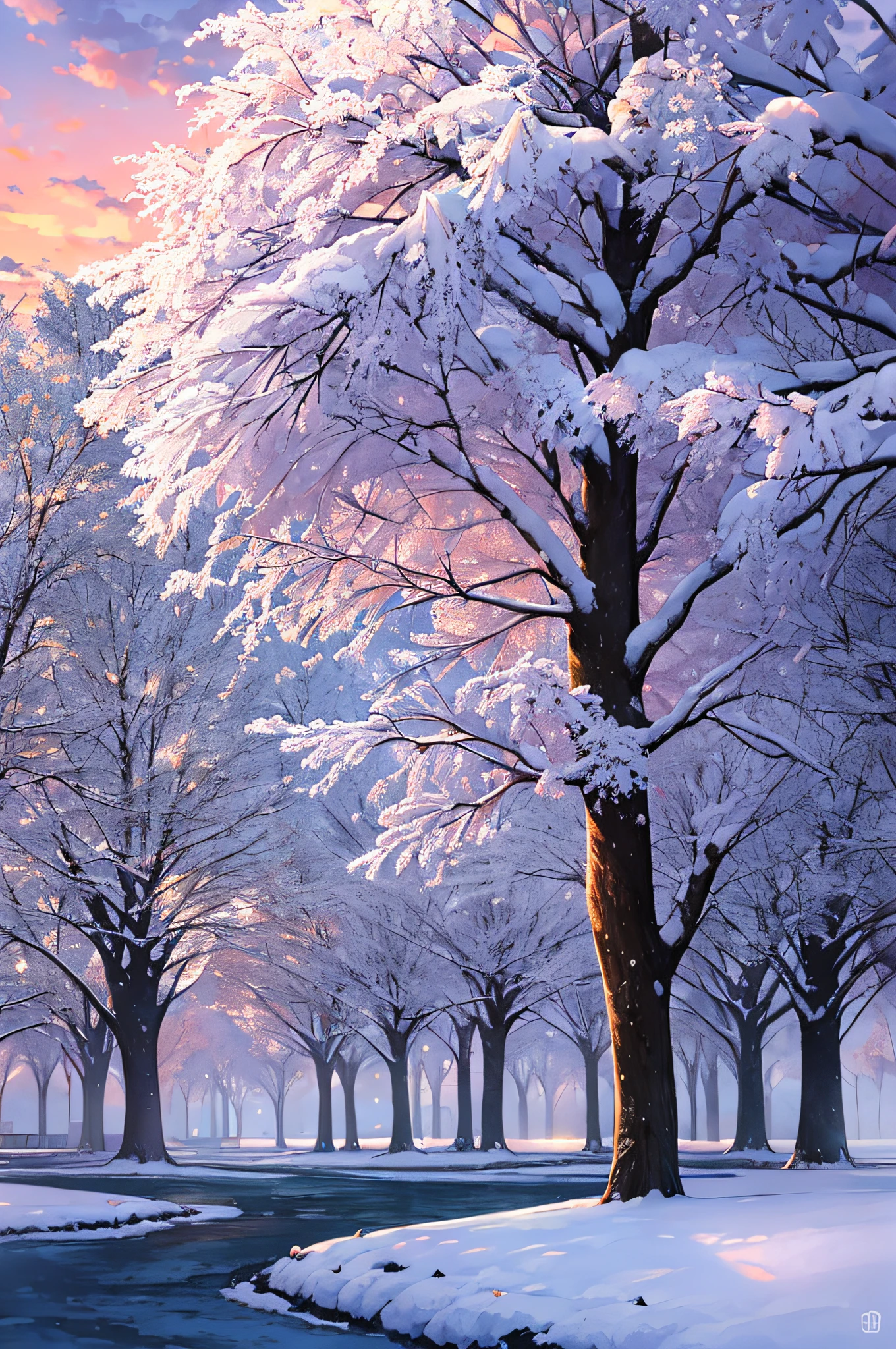 Beautiful natural landscape of city park in winter with fluffy deciduous trees covered with hoarfrost and snow caps at sunset in lilac and pink tones