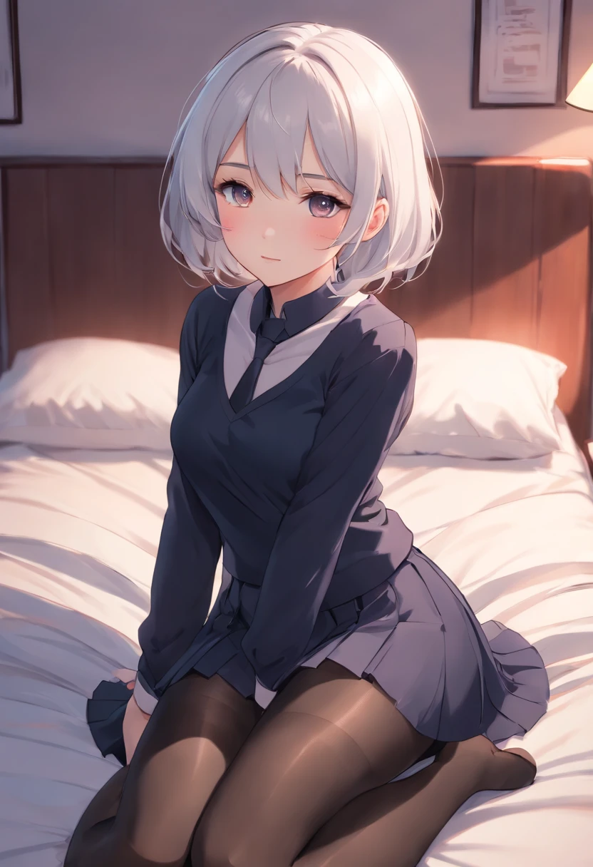 Girl Pantyhose Black Blush White Hair JK Skirt Shy White Hair Sitting On The Leg Of The Bed,black pantyhose