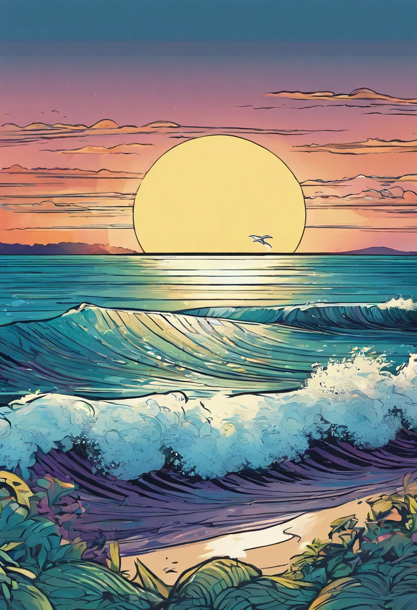 American comics, Simple line artwork，beautiful sea landscapes，In the distance, 3 dolphins swim in the sea. The style is exaggerated and meticulous，Full of imagination，afternoon sunshine，Have by the sea