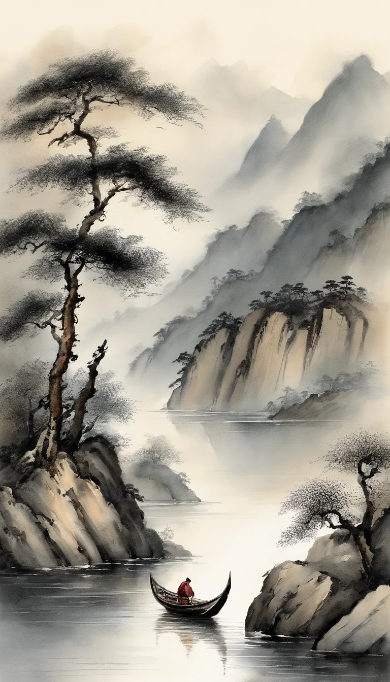 Chinese landscape painting,ink and watercolor painting,water ink,ink,Smudge,Faraway view,Ultra-wide viewing angle,Meticulous,Light boat in the distance,Faraway view,Meticulous,Smudge,low-saturation,Low contrast,The light boat has crossed the Ten Thousand Heavy Mountains,Beautifully depicted,A detailed,acurate,Works of masters,tmasterpiece