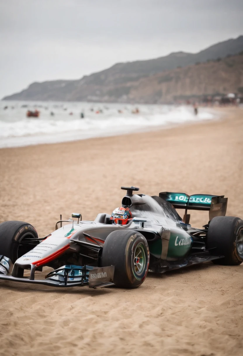 carro de formula 1 bionico en una playa