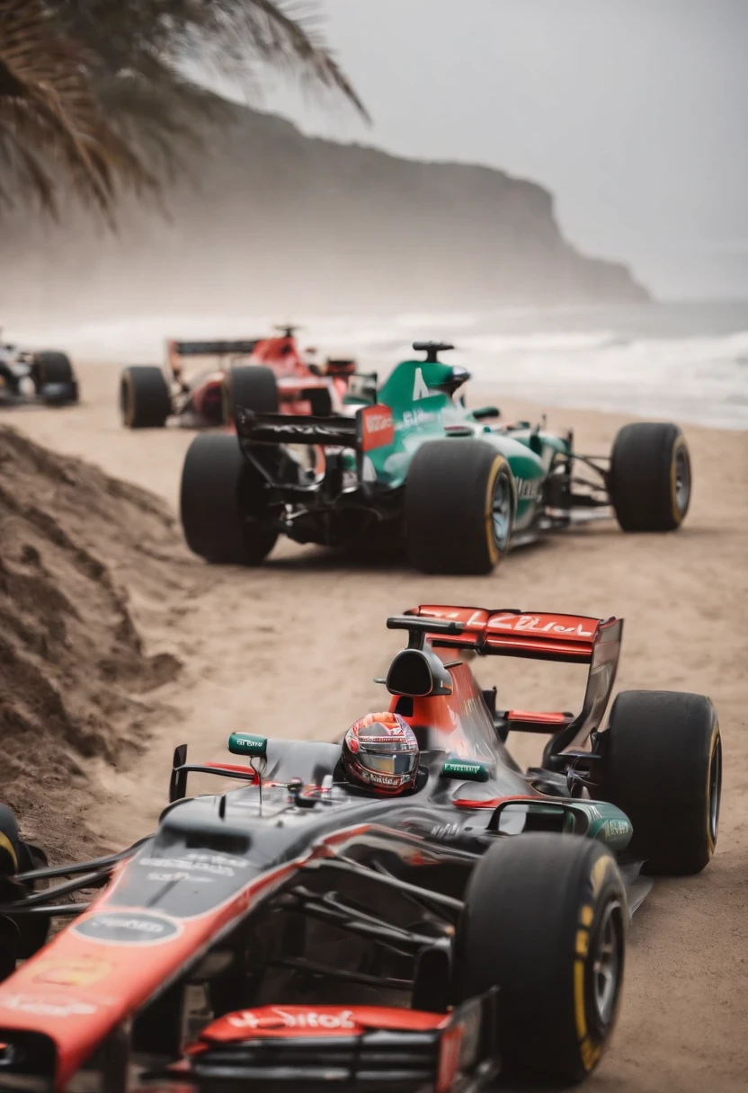 carro de formula 1 bionico en una playa