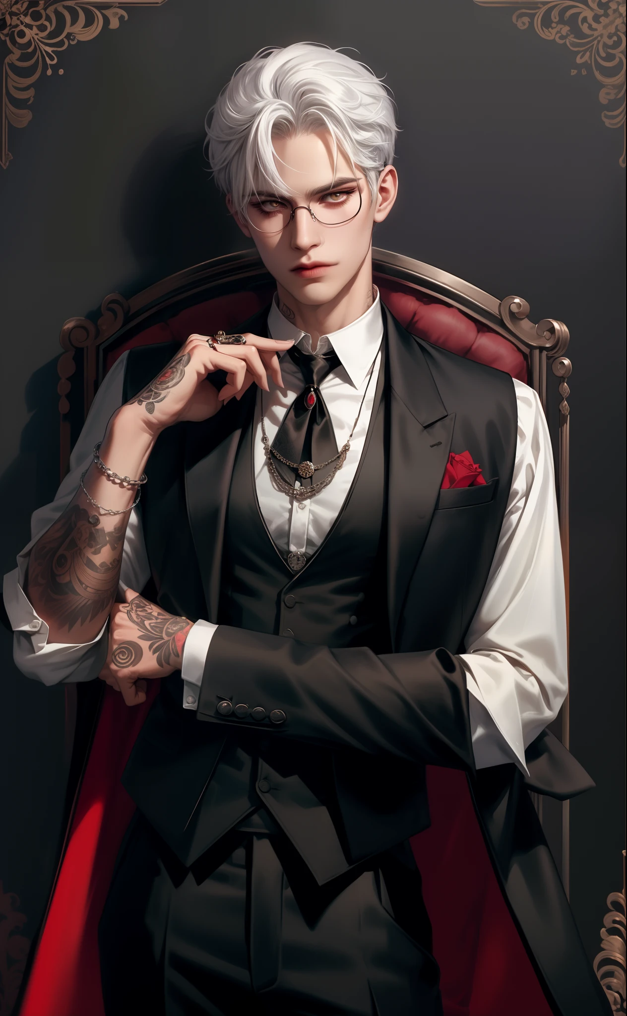 (Masterpiece,Best quality,Supergianthugebreasts_Detailed,A high resolution,absurderes),1boys, Male focus, tattoo, Solo, White hair,chain, shirt, black necktie, tiese, Simple background, Yellow eyes, Upper body, vest, Short hair, view the viewer, parted lip, Collared shirt, circle glasses, Long sleeves, neck tattoo, Put your hand on your shoulder, arm tattoos, Black shirt, Red background, Brown vest, monocle, jewelry (looks away:1.2)