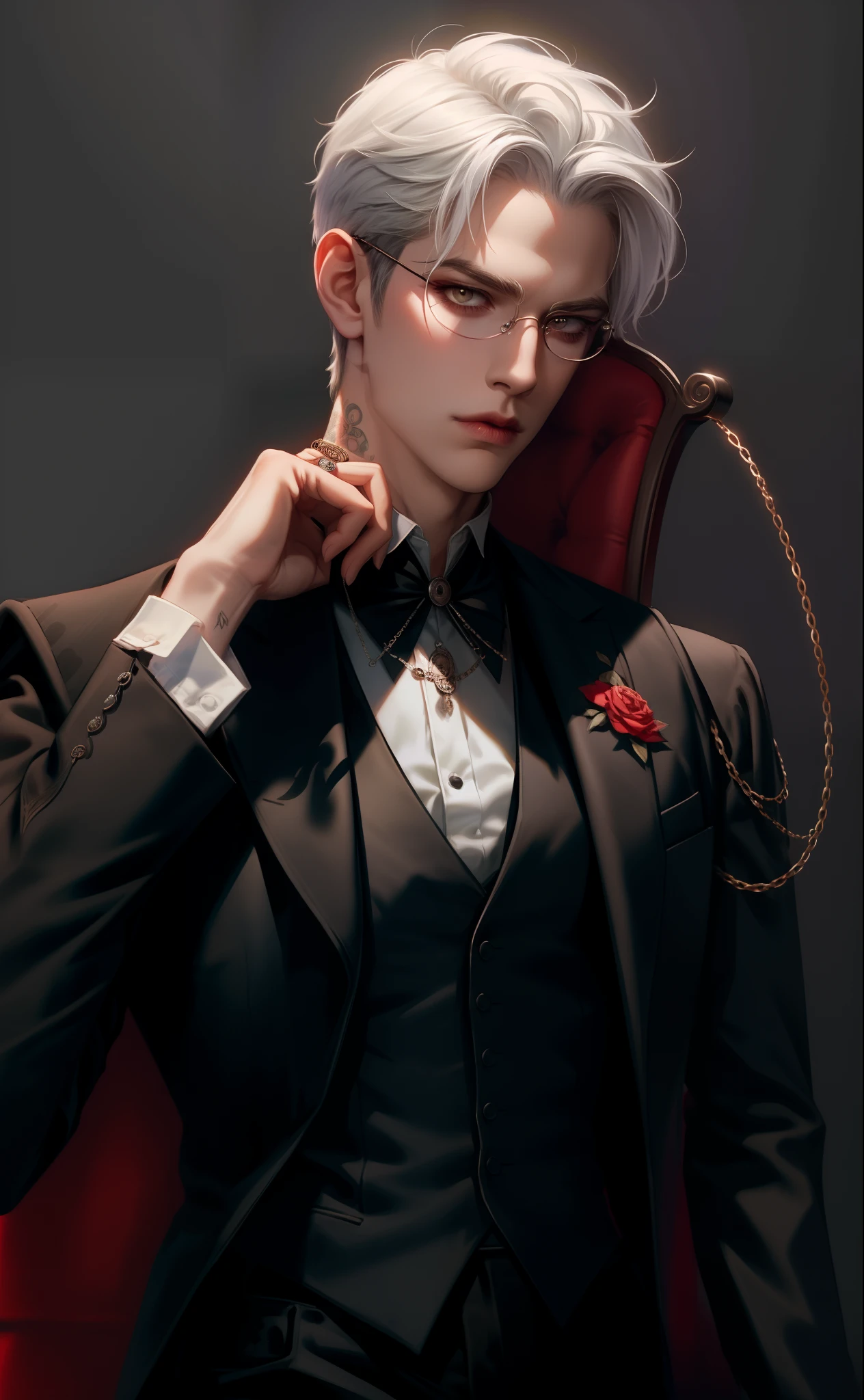 (Masterpiece,Best quality,Supergianthugebreasts_Detailed,A high resolution,absurderes),1boys, Male focus, tattoo, Solo, White hair,chain, shirt, black necktie, tiese, Simple background, Yellow eyes, Upper body, vest, Short hair, view the viewer, parted lip, Collared shirt, circle glasses, Long sleeves, neck tattoo, Put your hand on your shoulder, arm tattoos, Black shirt, Red background, Brown vest, monocle, jewelry (looks away:1.2)