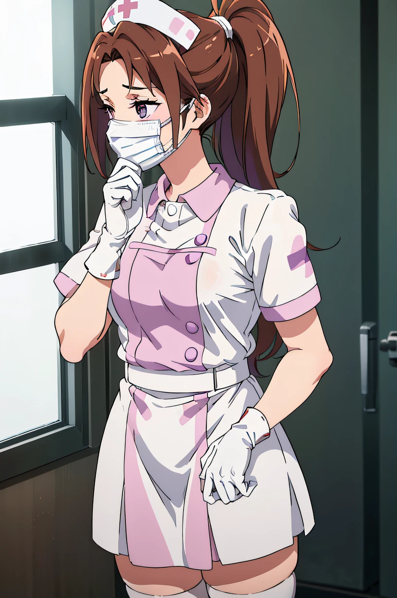 a girl, ponytail, brown hair, purple eyes, solo, Nurse, ((White nurse cap, White nurse uniform)), ((White legwear, zettai ryouiki)), White Gloves, ((White surgical mask, Cover the nose)), Standing, ((Hospital room)), sharp outline, Short sleeves, Best Quality, masutepiece