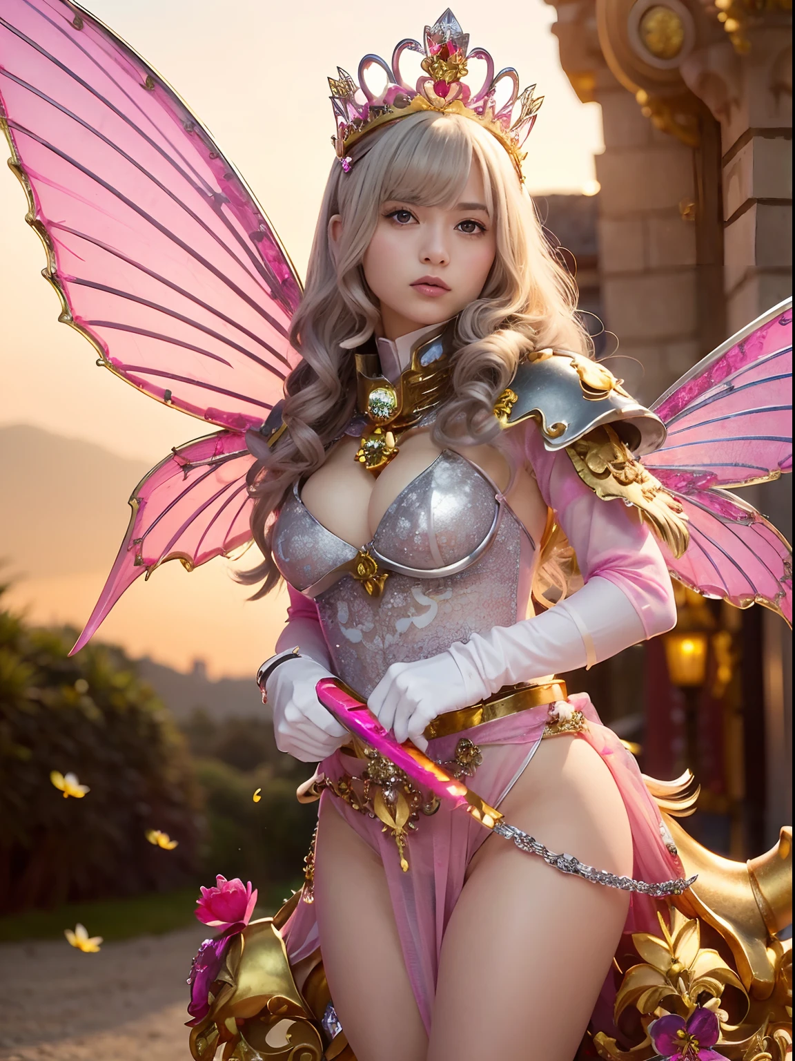 (masutepiece), Professional , masterpiece、top-quality、photos realistic , depth of fields (Gemstone Flower Metal Body:1.4),(Matte Silver Pink、Jewel Gold Weapon、(Gorgeous castle background)、(ultimate beauty girl)、(Flower rainbow fairy wings grow)、(Jewel Flower Metal Body:1.9),Gorgeous Jewel Metal Weapons , Detailed Sword of the Brave ,( a blond) ,warhammer 40k ,((Floral Micro Bikini))、Particles of light、(Beautiful flower garden background)、 adepta sororitas,Detail and ornate jewel crown、独奏、Brown hair、(Gangle's forest background)、Beautiful Caucasian beauty、1a person、dynamic ungle,(((Diamond tiara with detail and luxury)))、a small face、Powerful poses、(Gorgeous castle background)、huge filesize、20 year old beautiful woman、Thin female fingers、Straight long hair、Beautiful Caucasian beauty、Valley、Fairy of Light、Particles of light、