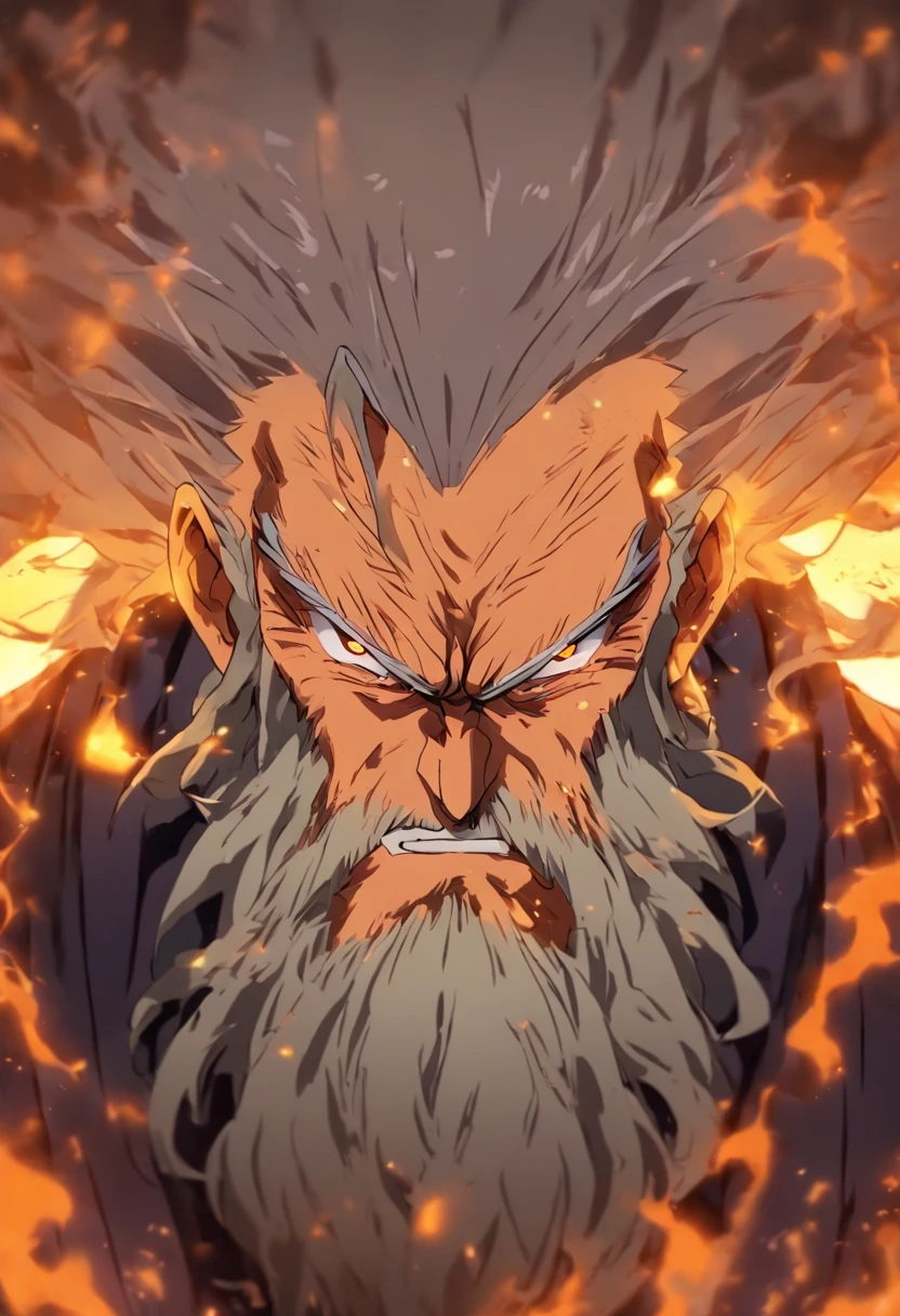 Scary-looking old man, Cheveux et barbe incroyables, Cheveux bruns couleur,Il y a quelques cheveux gris, Beaucoup de rides, Tired but scary eyes, Grand homme, chemise orange, Pantalon noir, Prayer