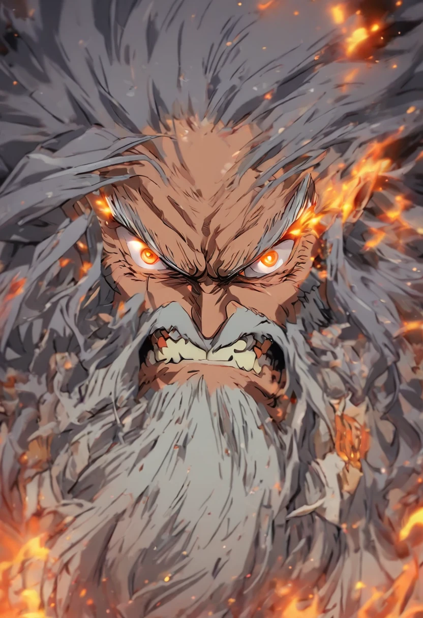 Scary-looking old man, Cheveux et barbe incroyables, Cheveux bruns couleur，Il y a quelques cheveux gris, Beaucoup de rides, Tired but scary eyes, Grand homme, chemise orange, Pantalon noir, Prayer