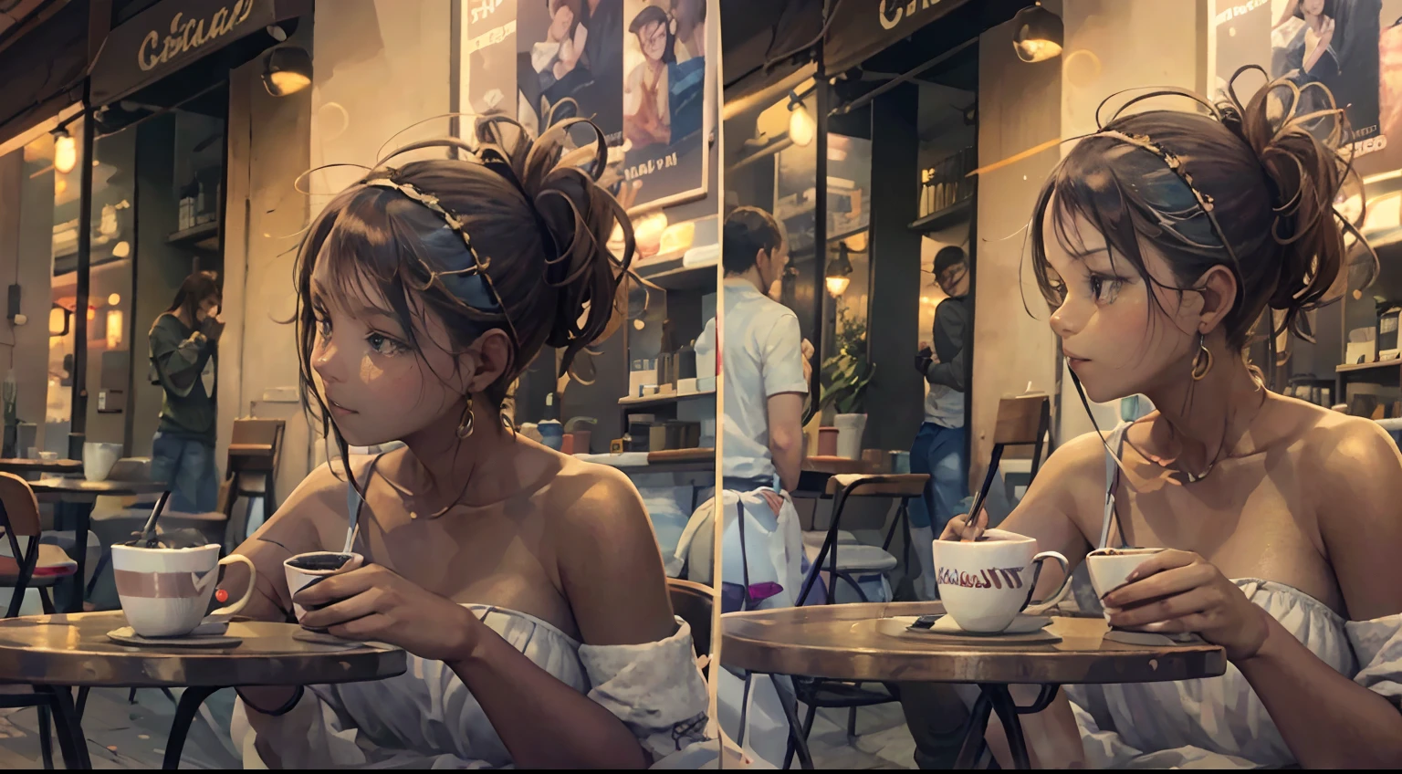 （8k，Fotos RAW，melhor qualidade，tmasterpiece：1.2），（realista，fotografia realista：1.37），A woman who is，In a street café，drinking a coffee