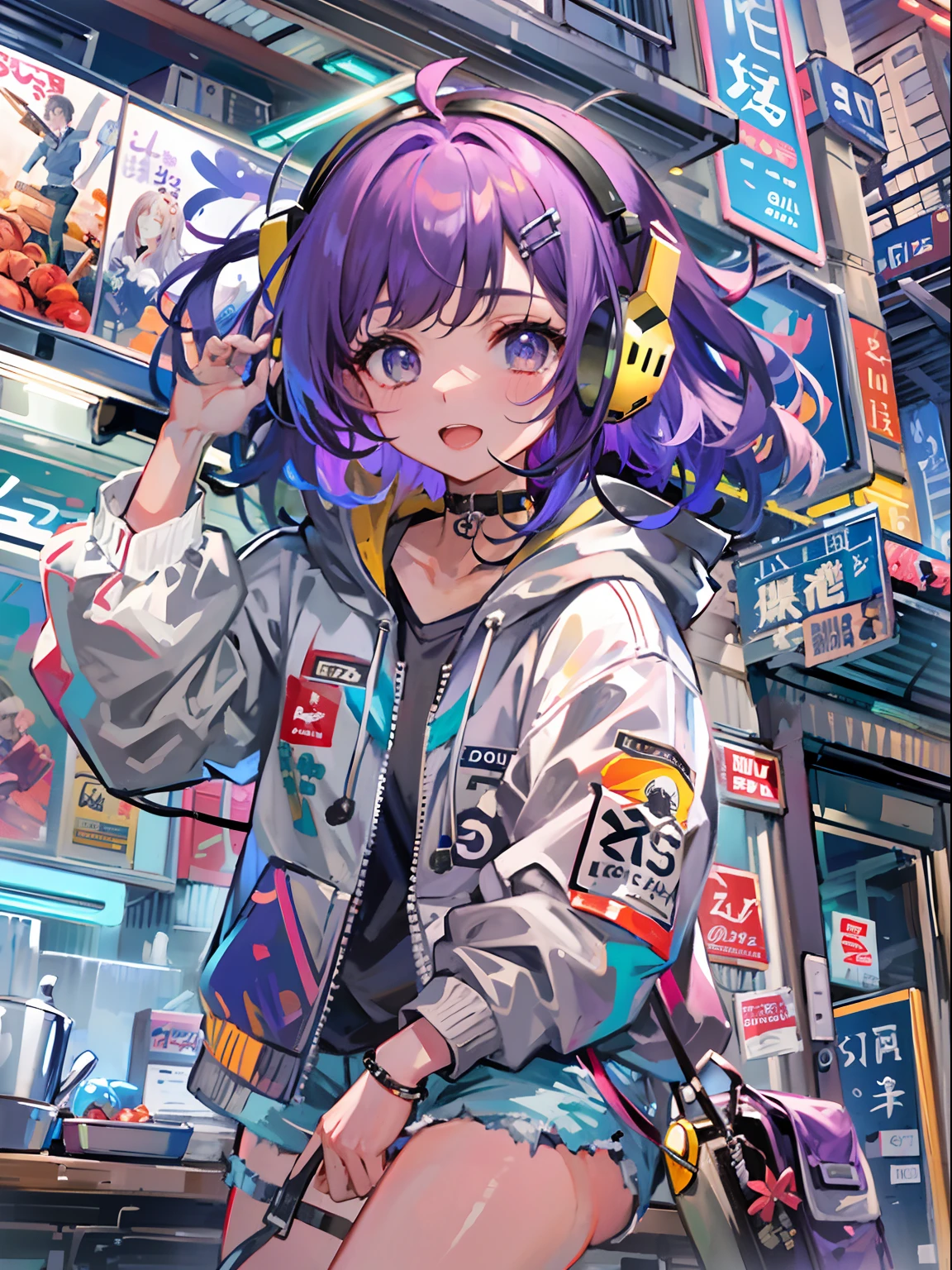 8K分辨率、((top-quality))、((​masterpiece))、((ultra-detailliert))、1 woman、独奏、incredibly absurdness、Oversized hoodies、headphones、Street、plein air、Sateen、neons、Shortcut Hair、Brightly colored eyes、Hands in pockets、shortpants、water dripping　Sukajan　purple color  hair