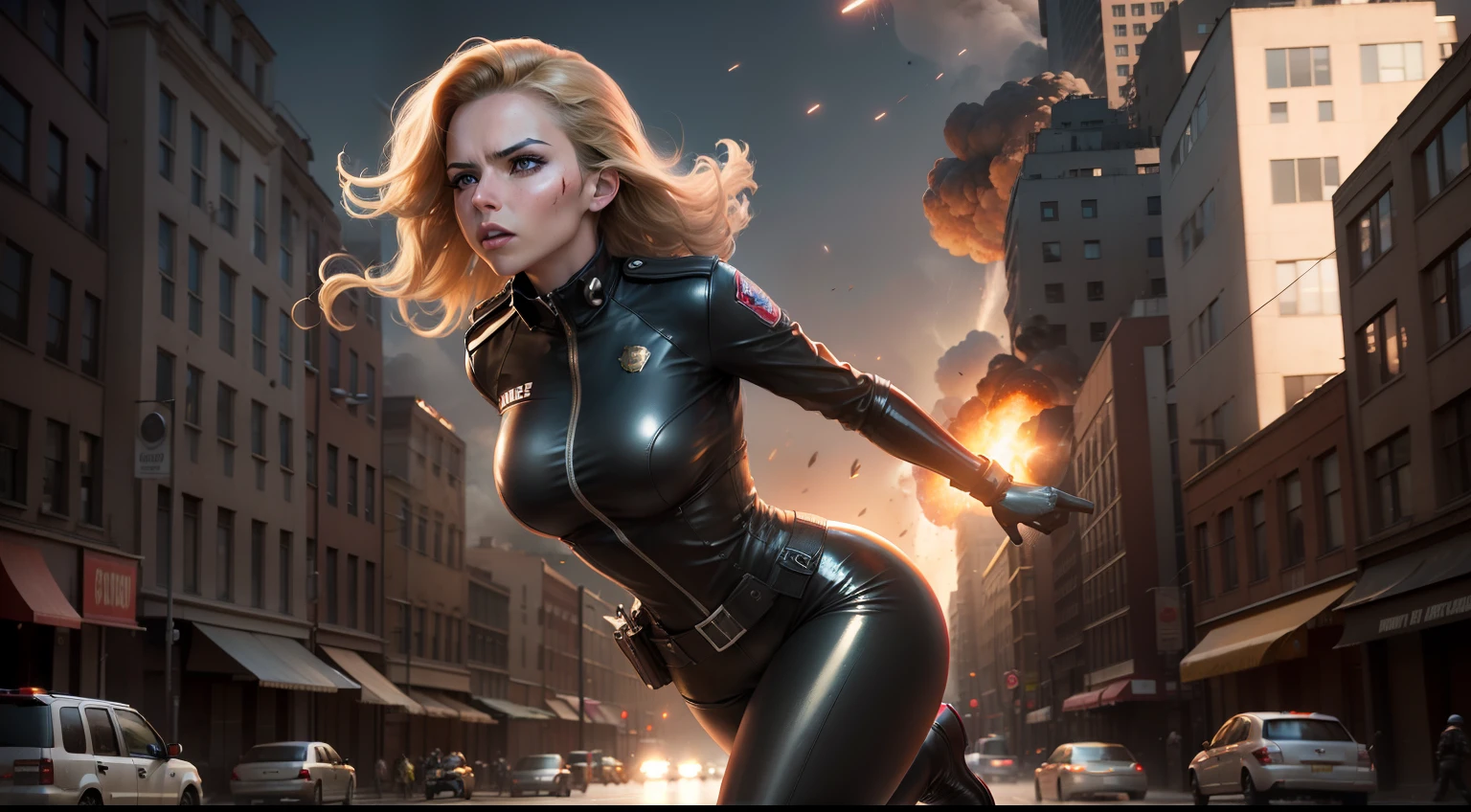 explosion, with an atomic bomb in the background, Brunette woman police woman, running forward, blonde hair, good body, strech clothes of latex, in a city. Photorealist, dramatic lights, stained face,