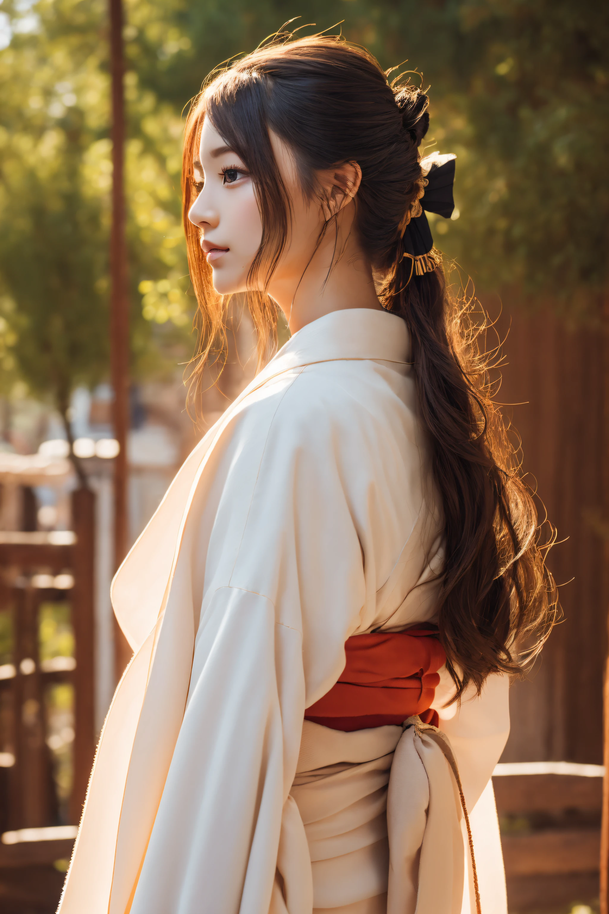 1 beautiful girl, full body, looking back, kimono, short kimono, long hair, ribbon in hair, detailed face, japanese style,
