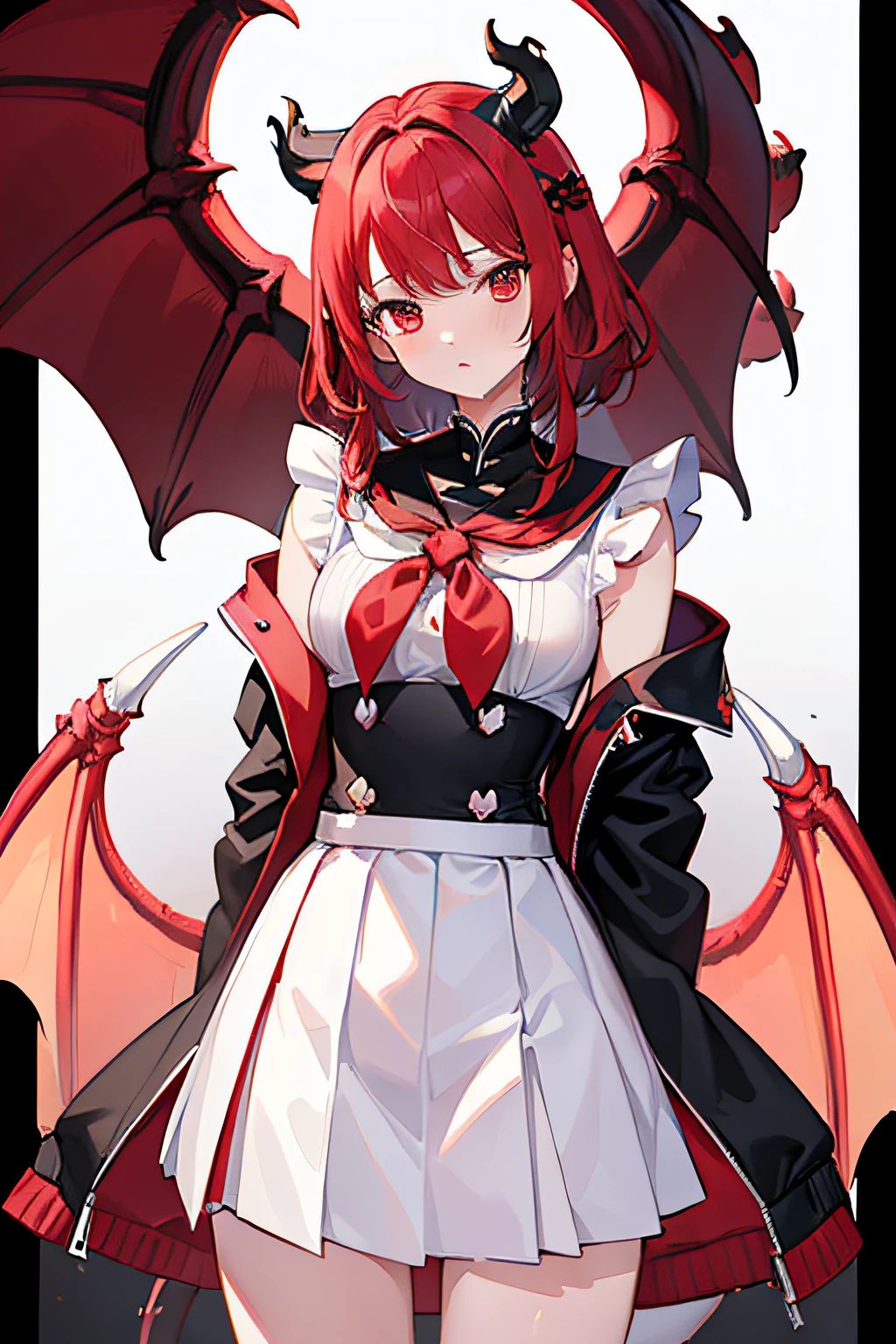 masterpiece, top-quality, ultra-detailliert, illustratio, White background, full bodyesbian, girl with, 独奏, Red hair, Twin-tailed, Sailor Suit, Black coat, dragon horn,Pleated skirt, frontage, character designs, arms at side, Standing Picture