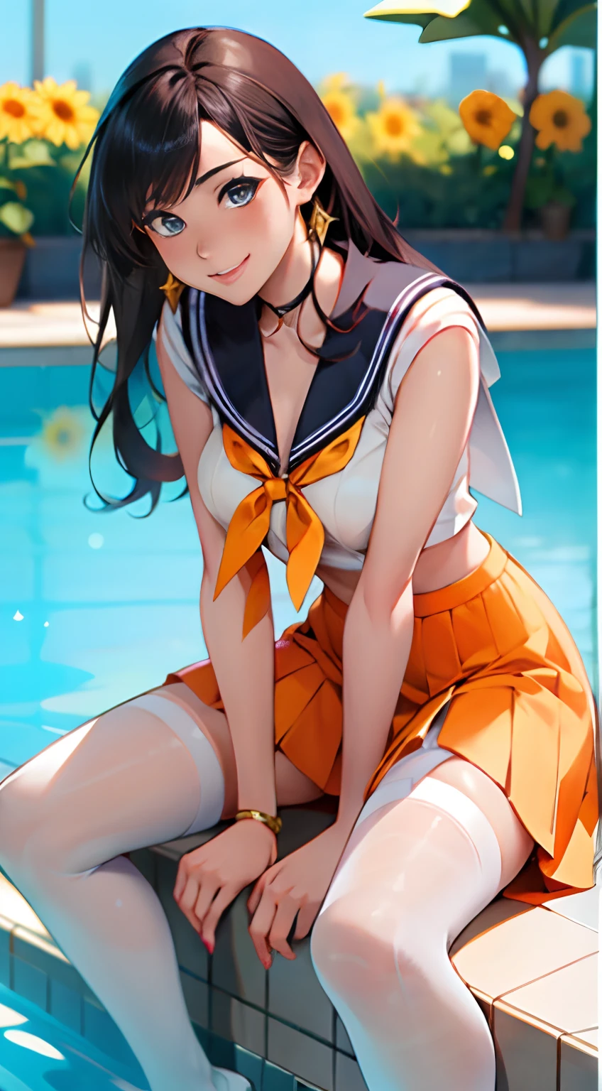 Real Images、rialistic photo、Top image quality、White anime - style image of woman in sailor suit sitting by the pool, sailorvenus、sunflowers in the background、 Beautiful, anime goddess, Very detailed ArtGerm, highly detailed exquisite fanart,Super Mini Orange Skirt、White panty、 portrait knights of zodiac girl, Open legs、full open legs、golden aura, Seductive Anime Girl, Anime girl cosplay, Anime Barbie in white stockings, by Sailor Moon, ! Dream ArtGerm, marin kitagawa fanart