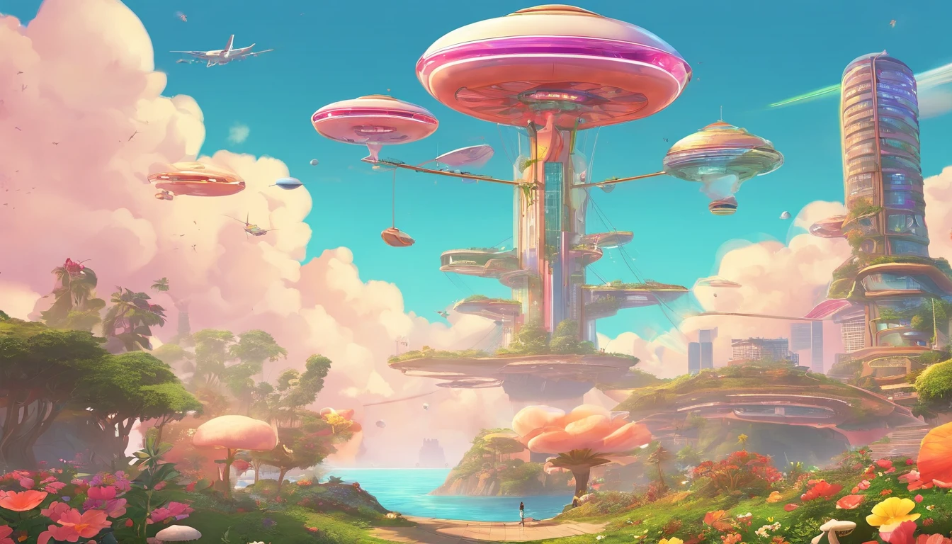 Sky sightseeing bus,A sense of future technology,((heavenly body)),Energy-efficient electric spacecraft flying in the air,Mushroom Island in the sky has flowers and greenery ,((futuritic architecture)),Sky transparent elevator,A lot of flying machines,pipelines,Blue sky and white clouds on background(plethora of colors,Detail HD)sense of science and technology
