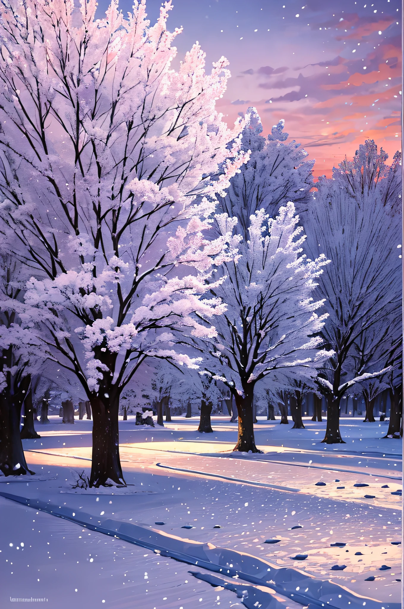 Beautiful natural landscape of city park in winter with fluffy deciduous trees covered with hoarfrost and snow caps at sunset in lilac and pink tones