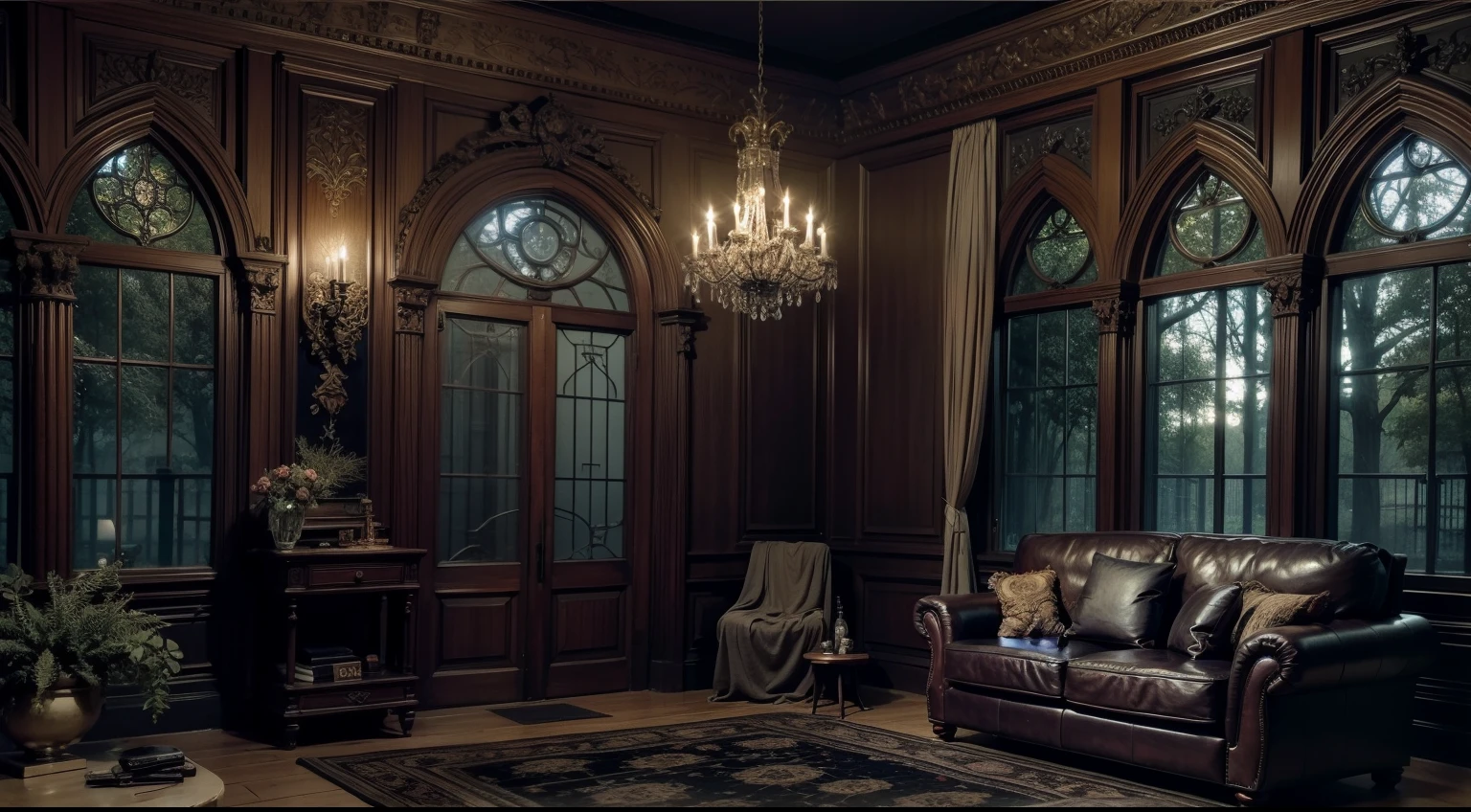 A dark night、A Western-style living room deep in the dark and mysterious forest、Relax、 Interior architecture, Gothic art, Verism, One-person viewpoint, From the outside, kanon, Super detail, High quality, A high resolution, 8K, Best quality