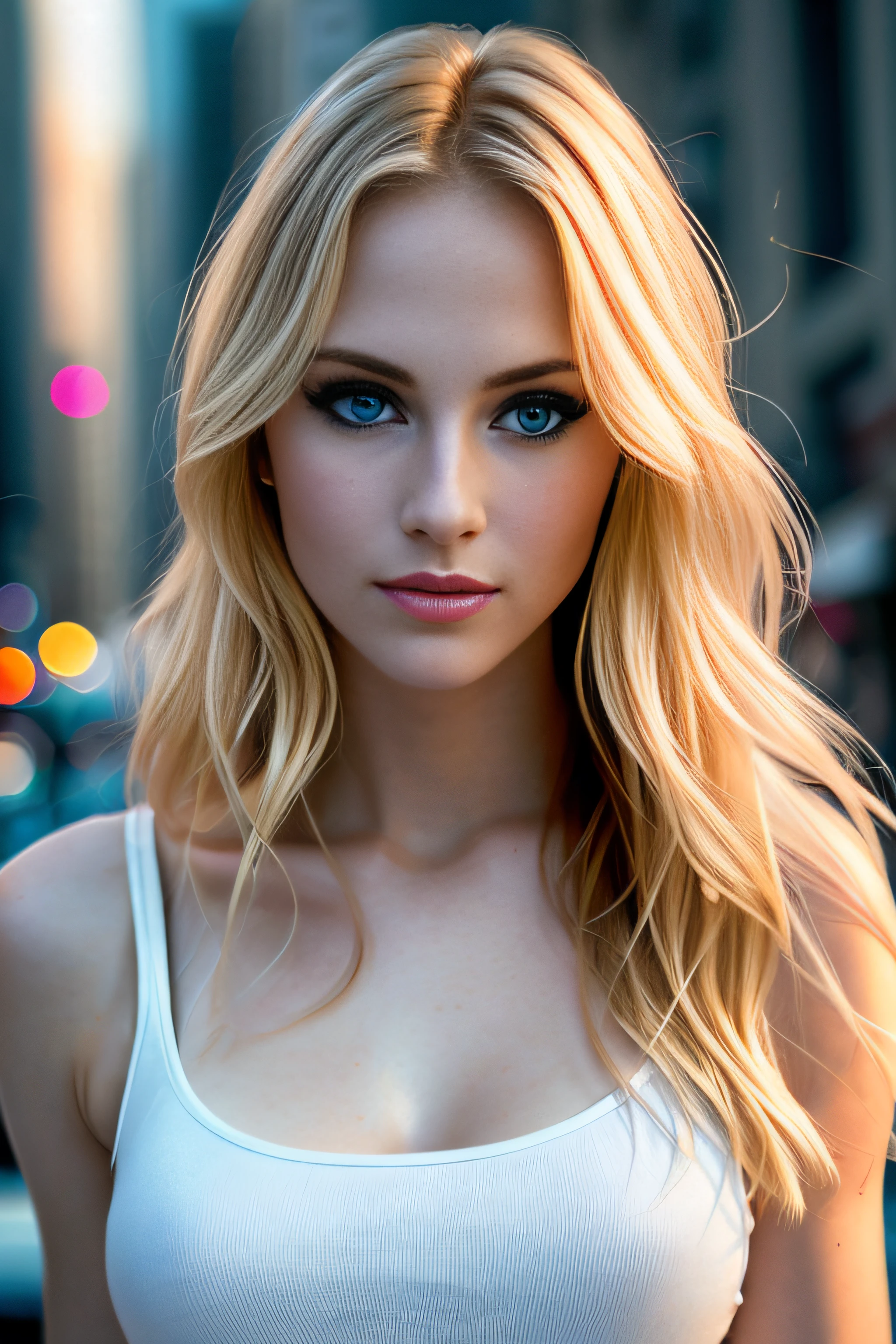 full body Realism, a 22 - year - old girl, long blonde hair, bangs falling on her face,blue eyes, beautiful hairstyle, light makeup, evening city street in the background, high detail appearance, high detail hairstyle, high detail environment, high detail background, in the background is a modern city, the photo was taken with a photorealistic SLR camera, resolution full hd, 8K