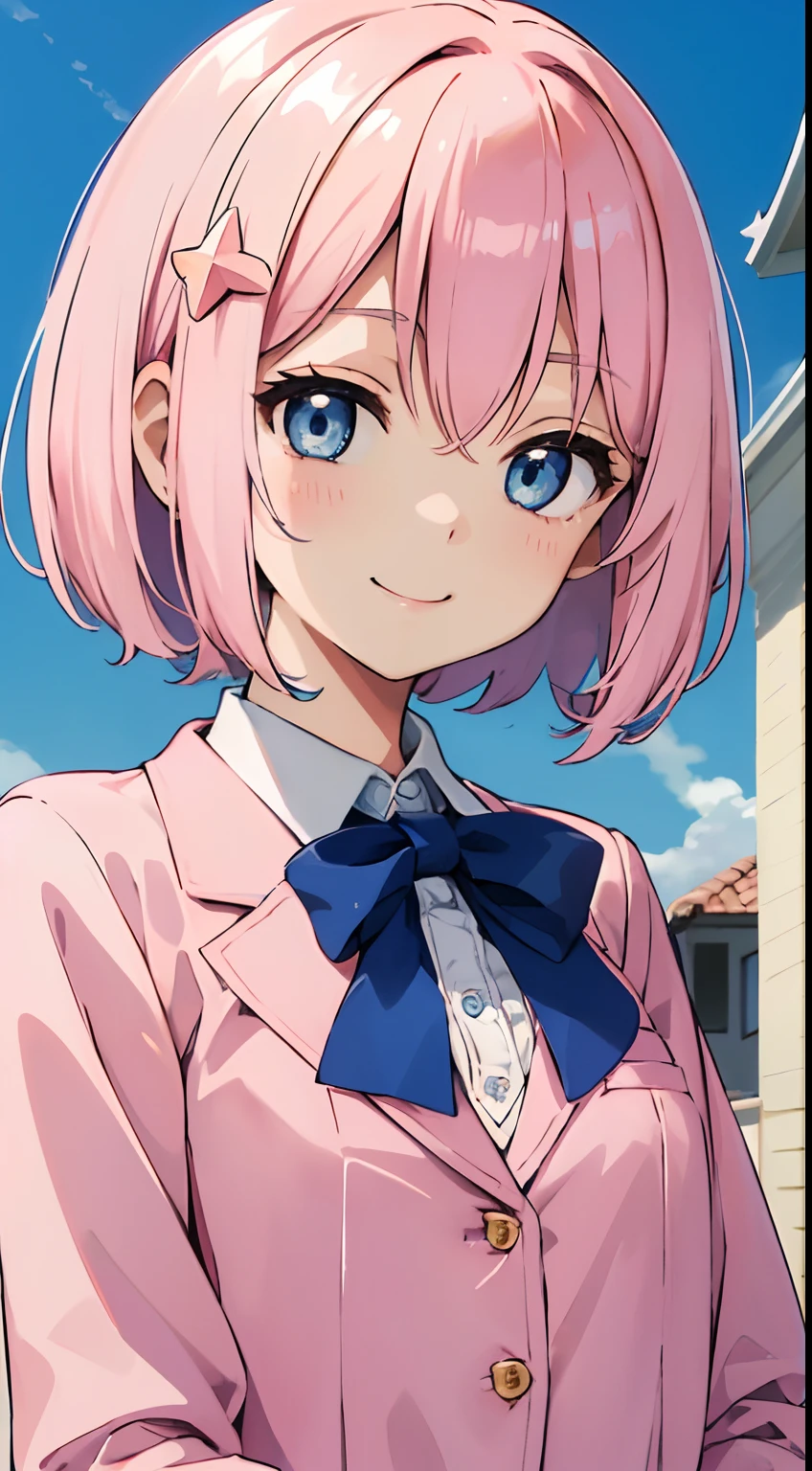 (a short bob、pale pink hair color、Star hair ornament、Blue sky eyes、One High School Girl、tiny chest、kawaii faces、A smile)、blazers