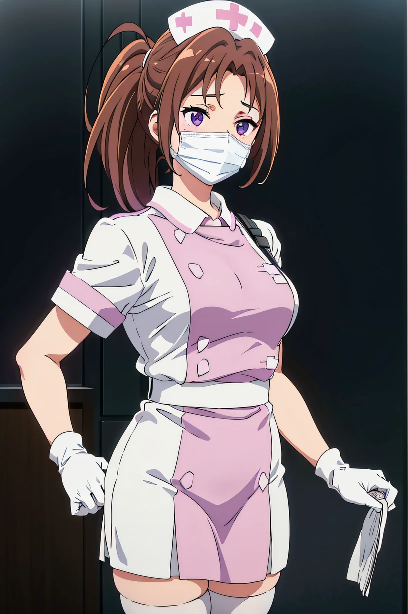 a girl, ponytail, brown hair, purple eyes, solo, Nurse, ((White nurse cap, White nurse uniform)), ((White legwear, zettai ryouiki)), White Gloves, ((White surgical mask, Cover the nose)), Standing, ((Hospital room)), sharp outline, Short sleeves, Best Quality, masutepiece