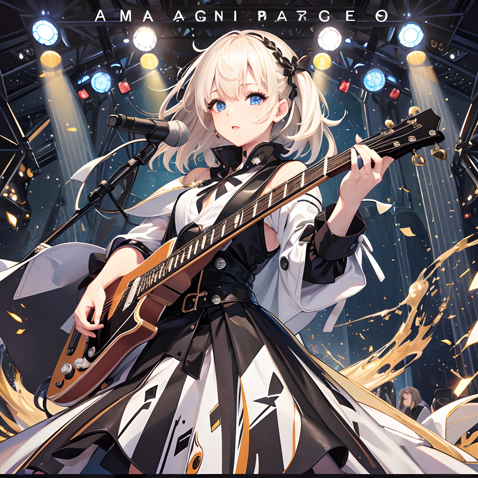 masterpiece、top-quality、hight resolution、High-quality images、8K、2 Otome、detaileds、Detailed eye depiction、skin gloss、shinny hair、Two girls、Long black hair and platinum blonde short hair、Soft hair、Nomiya、portlate、rock band、Superstar、spot light、Vocal&guitarrist、Black Leather Stage Costume、concert、hot air