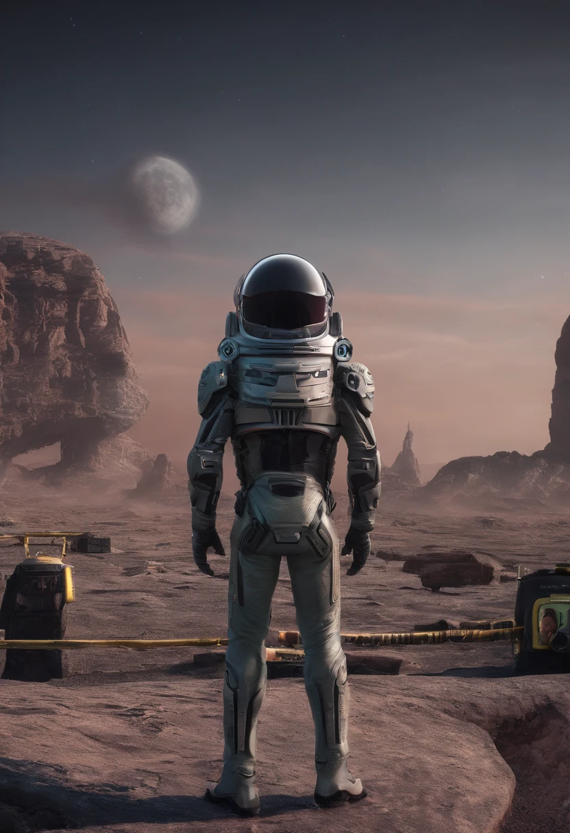A futuristic space archaeologist, aged 42, equipped with advanced archaeological tools, stands amidst ancient alien ruins on a distant planet. Holographic artifacts and alien hieroglyphs create an atmosphere of extraterrestrial discovery, sci-fi-themed photography by Dr. Alex Astralium, 2167, telephoto lens, holographic lighting, 4K, raw , high quality