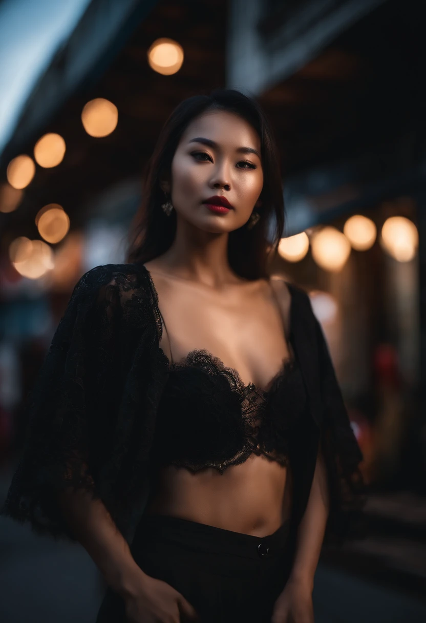 Une jeune femme asiatique debout dans la rue, Pose for a fashion photo shoot, lingerie noir, blur background, Beau, photoreallistic