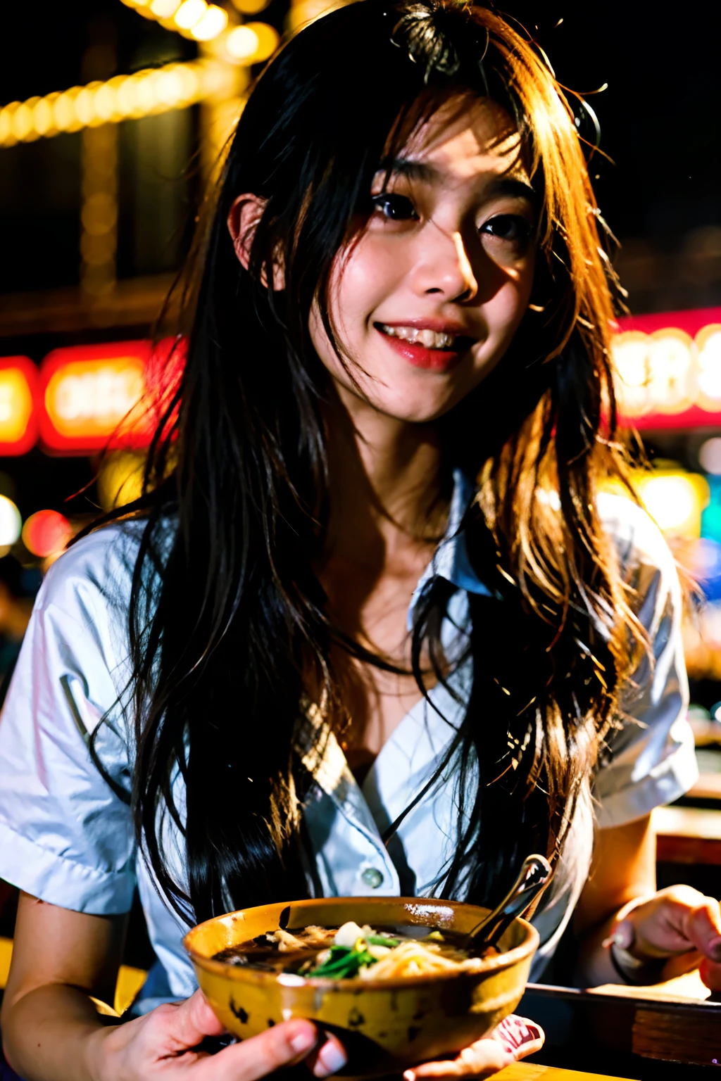 (masterpiece), best quality, ultra high res, close up, slim body, 1girl,school uniform, long hair, laughing, ramen, night, Tokyo restaurant background, colorful lights, photon mapping, radiosity, physically-based rendering, cinematic lighting, intricate, High Detail, Sharp focus, dramatic, photorealistic