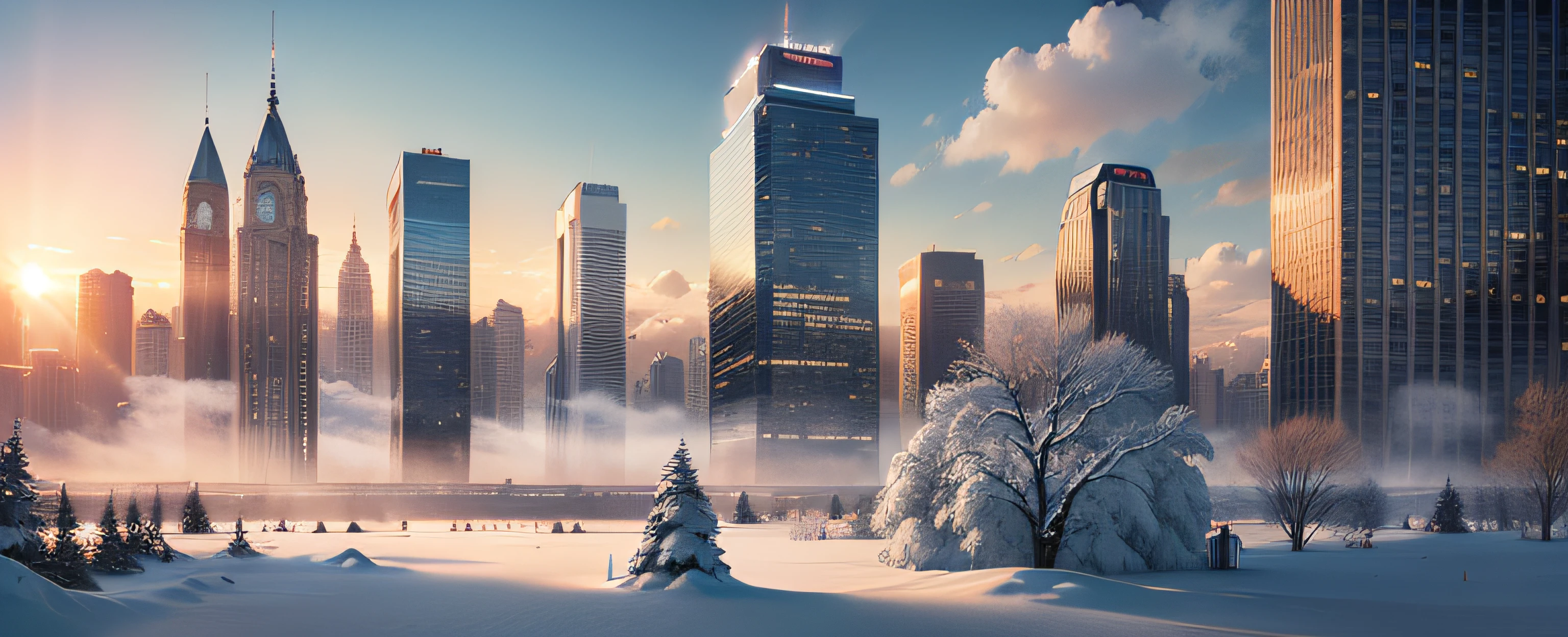 cenery, Skyscrapers , Garden , floating Snow , Winter , Wind , Cloud , sky , evening  , Sun , Breeze