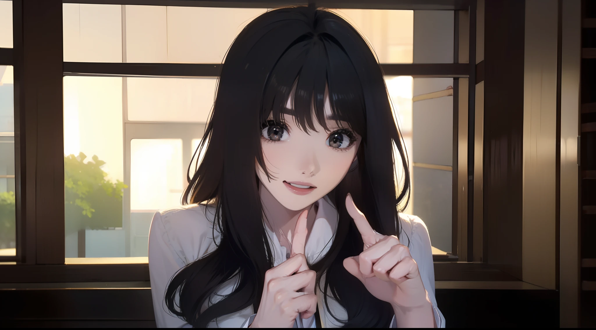 ((Female 28 years old)),((Best quality:1.5)),(((Hands with correct finger count and structure:1.4))),A high resolution,ultra - detailed,tmasterpiece,best qualtiy,(Eight-headed body),Black hair, long eyelasher, solid circle eyes, shadowing, Atmospheric perspective,Super detail, ccurate, Little Brest,(Black jacket and black jeans :1.1),top-quality, blurred back, bokeh dof:1.2, (tmasterpiece:1.3), Atmospheric perspective,Super detail,dynamic compositions,