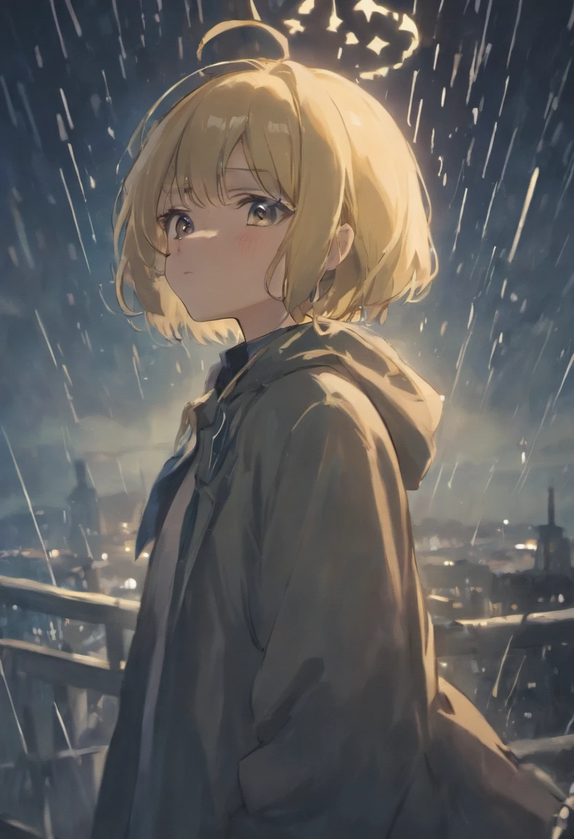 18 yo girl, white Jacket, short blunt hair, blonde, beautiful face, rain, roof, masterpiece, intricate detail, perfect anatomy