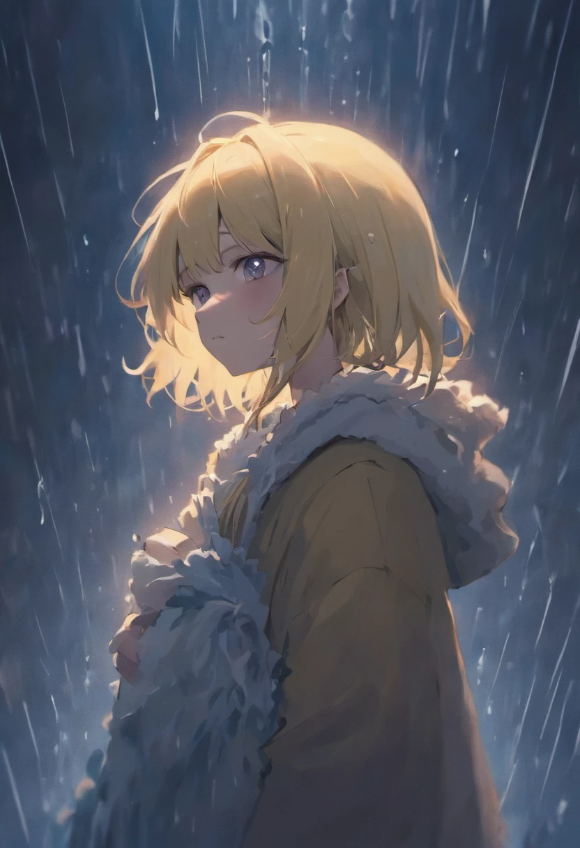 Sad girl,cry,darkness,Rain sky,。.。.。.。.。.。.。.。.。.。.。.3D,Upscale,hard disk,Blonde short,is crying,with his back turned