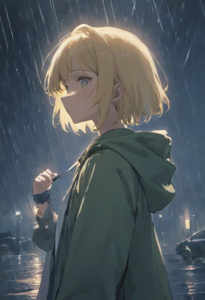 Sad girl,cry,darkness,Rain sky,。.。.。.。.。.。.。.。.。.。.。.3D,Upscale,hard disk,Blonde short,is crying,with his back turned