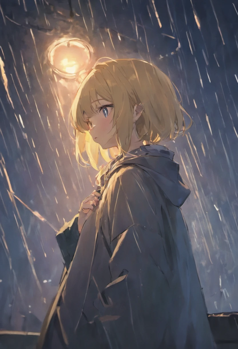 Sad girl,cry,darkness,Rain sky,。.。.。.。.。.。.。.。.。.。.。.3D,Upscale,hard disk,Blonde short,is crying,with his back turned