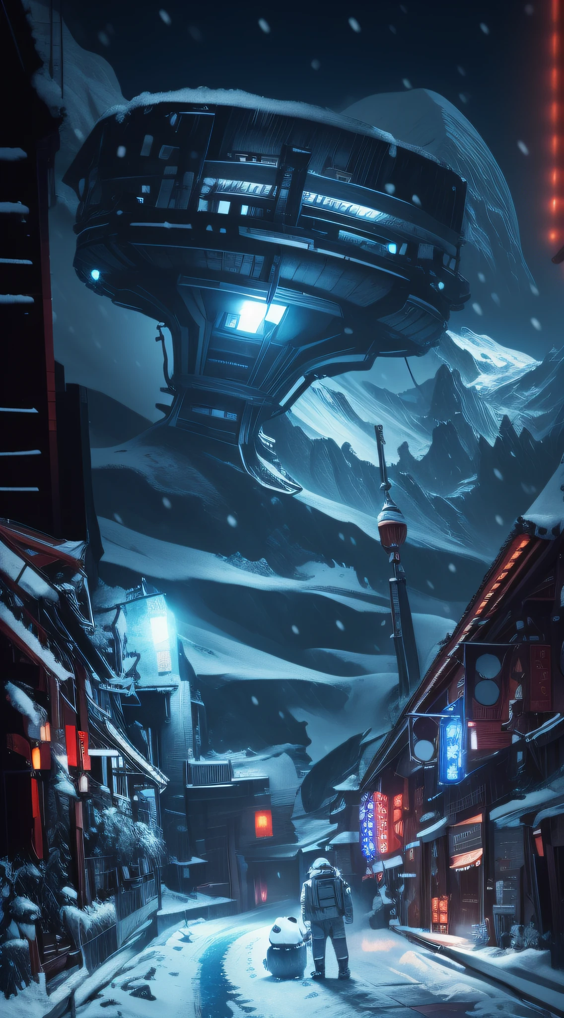 sci-fy,Moon,snow mountains,sense of science and technology,makina,conceptual drawing, cyber punk style,Concept art for the game, Lanterns,The sky is snowing,stray,The astronaut,pandas,Original Drawing,lamplight,Back shadow,snow mountains,Chinese architecture,High-precision illustration,SENSE OF CINEMA,the detail
