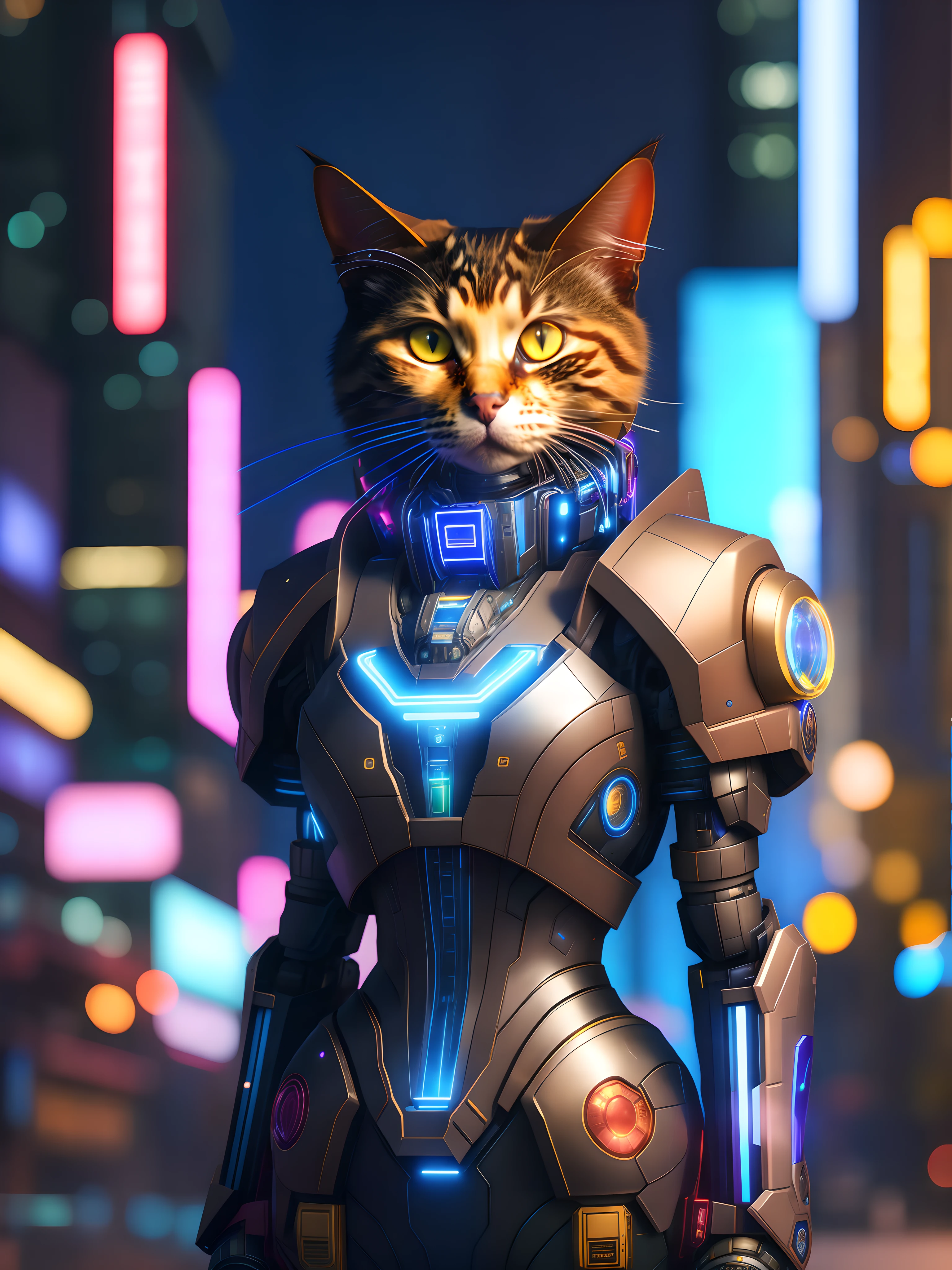 (Masterpiece:1.2), Best quality, A high resolution, Original, (Extremely detailed:1.2), Ultra-detailed, the wallpaper, Perfect lighting,(Extremely detailed CG:1.2), 8K, HD sci-fi illustration, 1cat, A cyberpunk cat, (Mecha fashion cat:1.2), A mech that is detailed and delicate, Close-up, frontal, Night, Cyberpunk city, Buildings, Game CG
