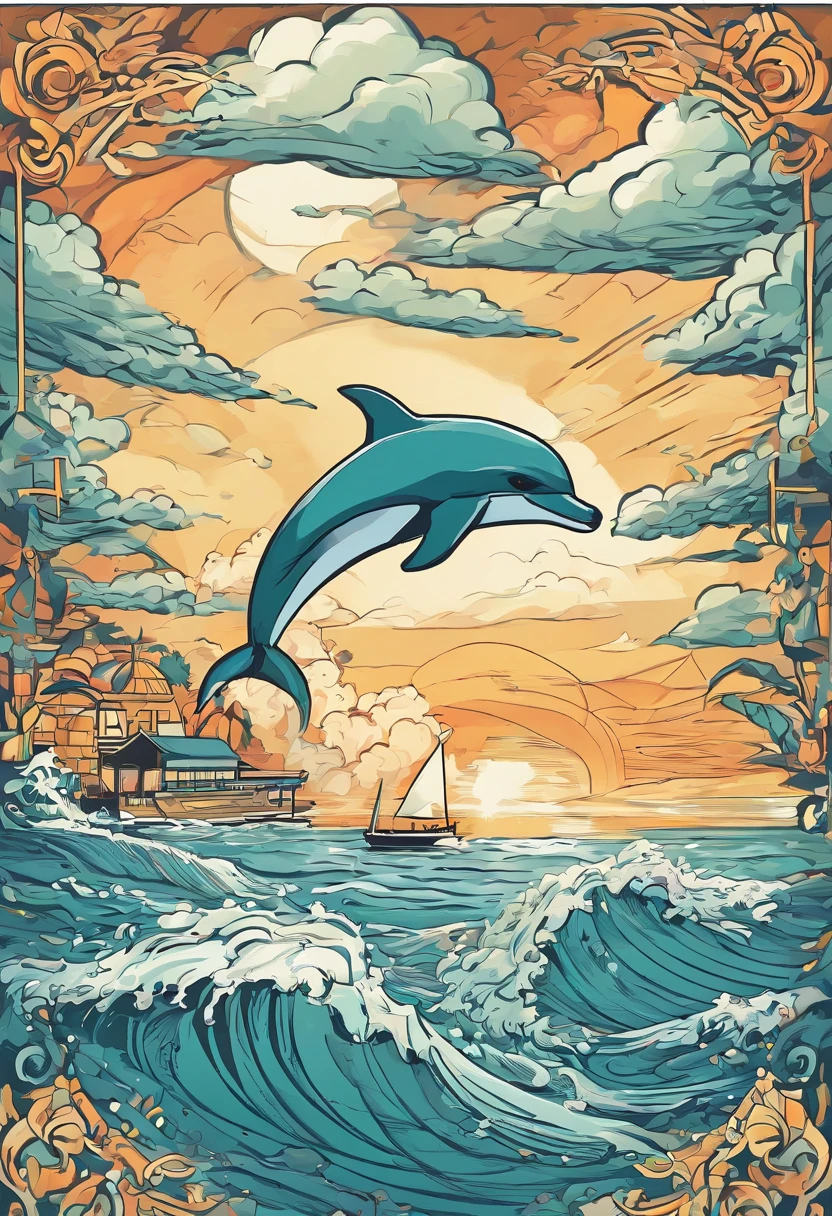 Simple line artwork，In the far ocean 3 dolphins swimming at sea. The style is exaggerated and meticulous，Full of imagination，afternoon sunshine