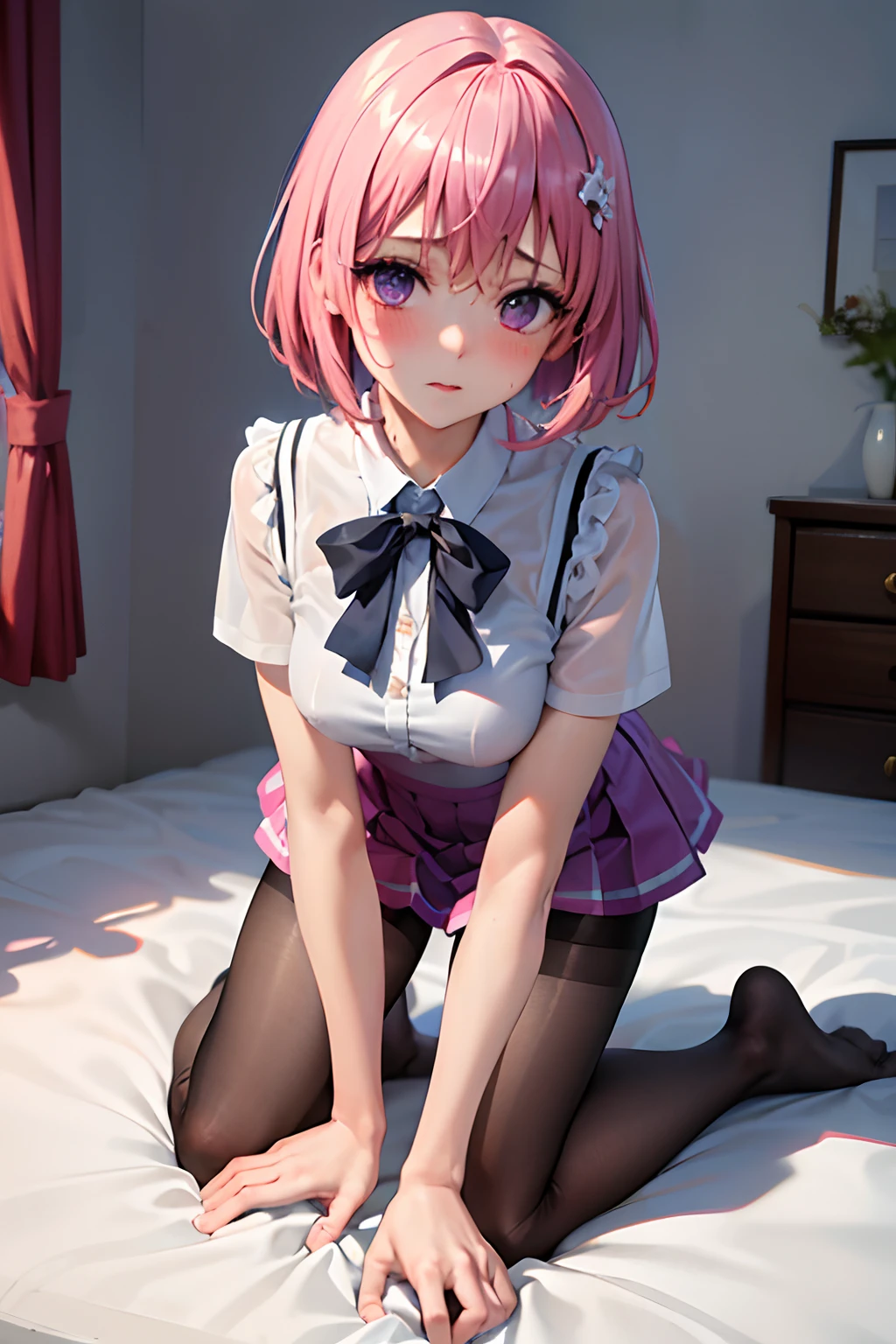 (top-quality:1.1), (masterpiece:1.4), (absurderes:1.0), portlate, a closeup,
1girl in、Momovelia Deviluk、hair adornments、bob cuts、Shorthair pink hair、a purple eye、Medium chest、((Wet blouse))、looking at the viewers、Bedroom、(red blush:1.2)、embarassed expression、((pantyhose))、on the beds、((all-fours))、((tight skirts))、