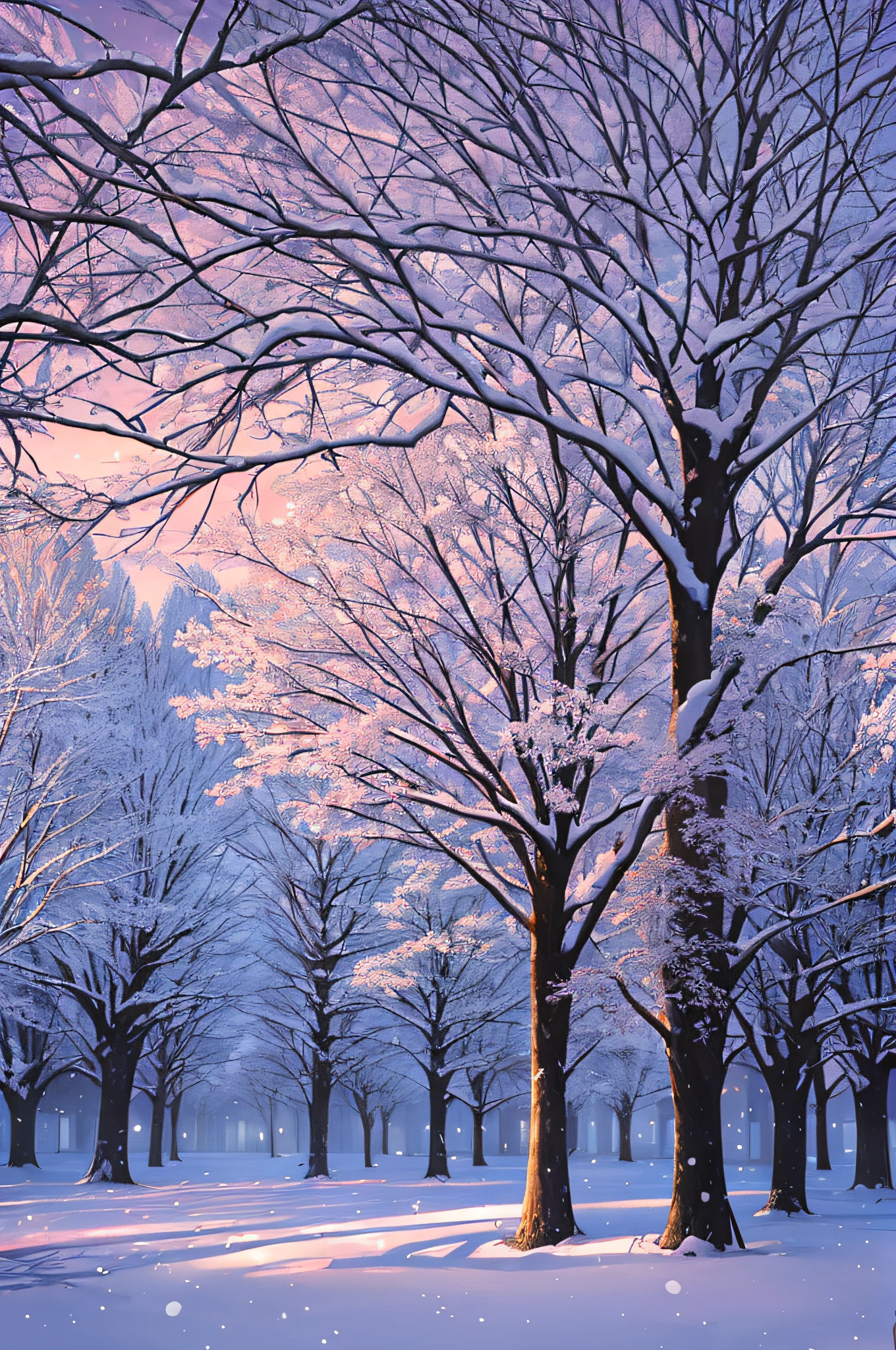 Beautiful natural landscape of city park in winter with fluffy deciduous trees covered with hoarfrost and snow caps at sunset in lilac and pink tones