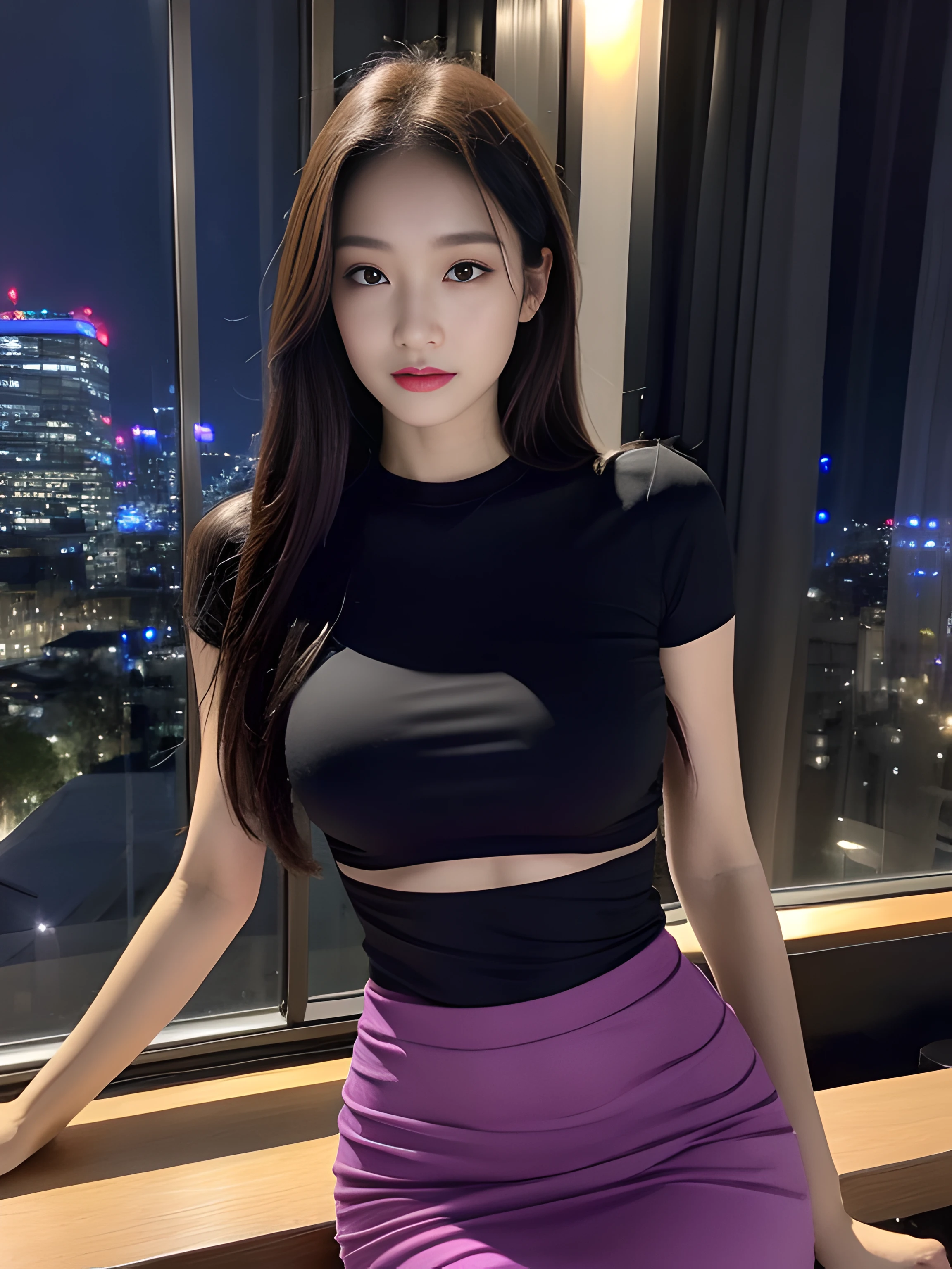 （（midynight， Acura， 8K， tmasterpiece： 1.3））， full bodyesbian， long leges， Focalors： 1.2， perfect figure beautiful woman： 1.4， Slim abs： 1.1， （dark brown  hair，： 1.2 ））， （Light purple skinny T-shirt， short  skirt，sitting on a stool： 1.2）， （city night scene， the roof： 1.3））， Highly Detailed Face and Skin Textur， detailedeyes， 二重まぶた，