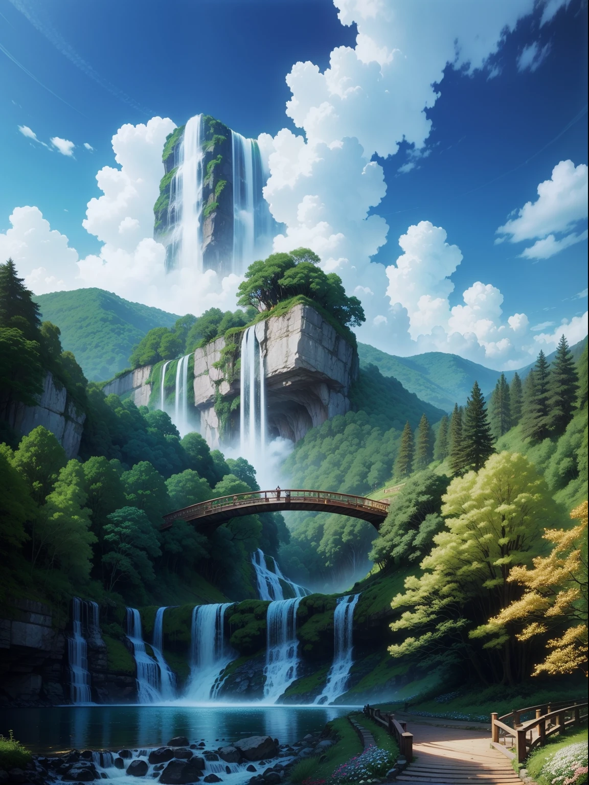 A lush forest with winding paths and sparkling waterfalls, beautiful scenery, ambience, flowers, clouds and sky, printable