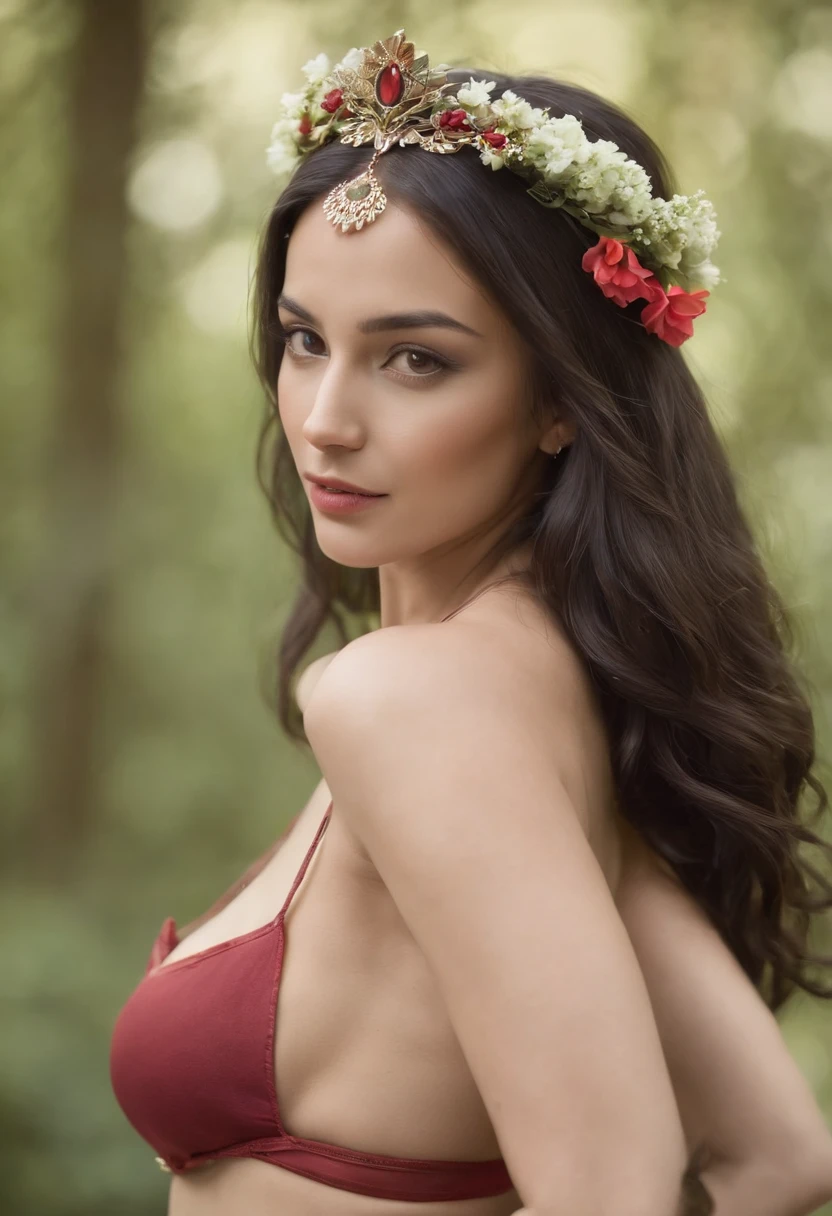 a woman ina green bikini witha flower
in her hair anda crown on her head,
1girl, solo, long hair, breasts,
looking_at viewer, black hair,
hair_ornament, navel, jewelry,
medium breasts, standing, swimsuit,
flower, bikini, cowboy shot, hair flower,
dark skin, lips, nature, forest, realistic