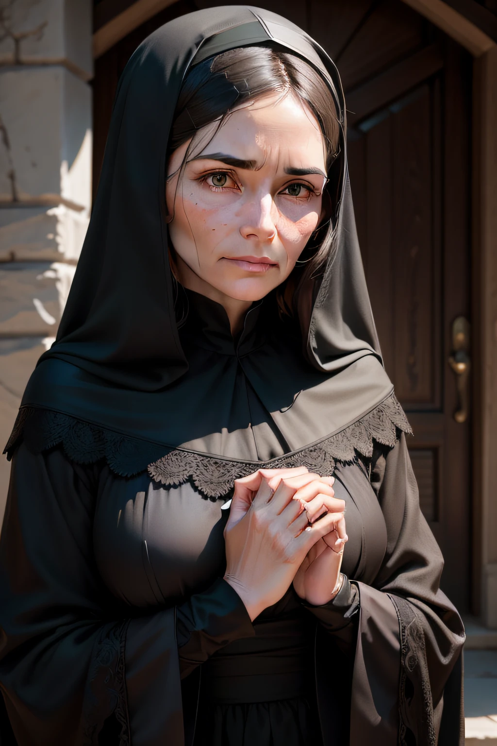 face of a widow looking forward as if speaking in mourning garb from the time of Jesus Christ
