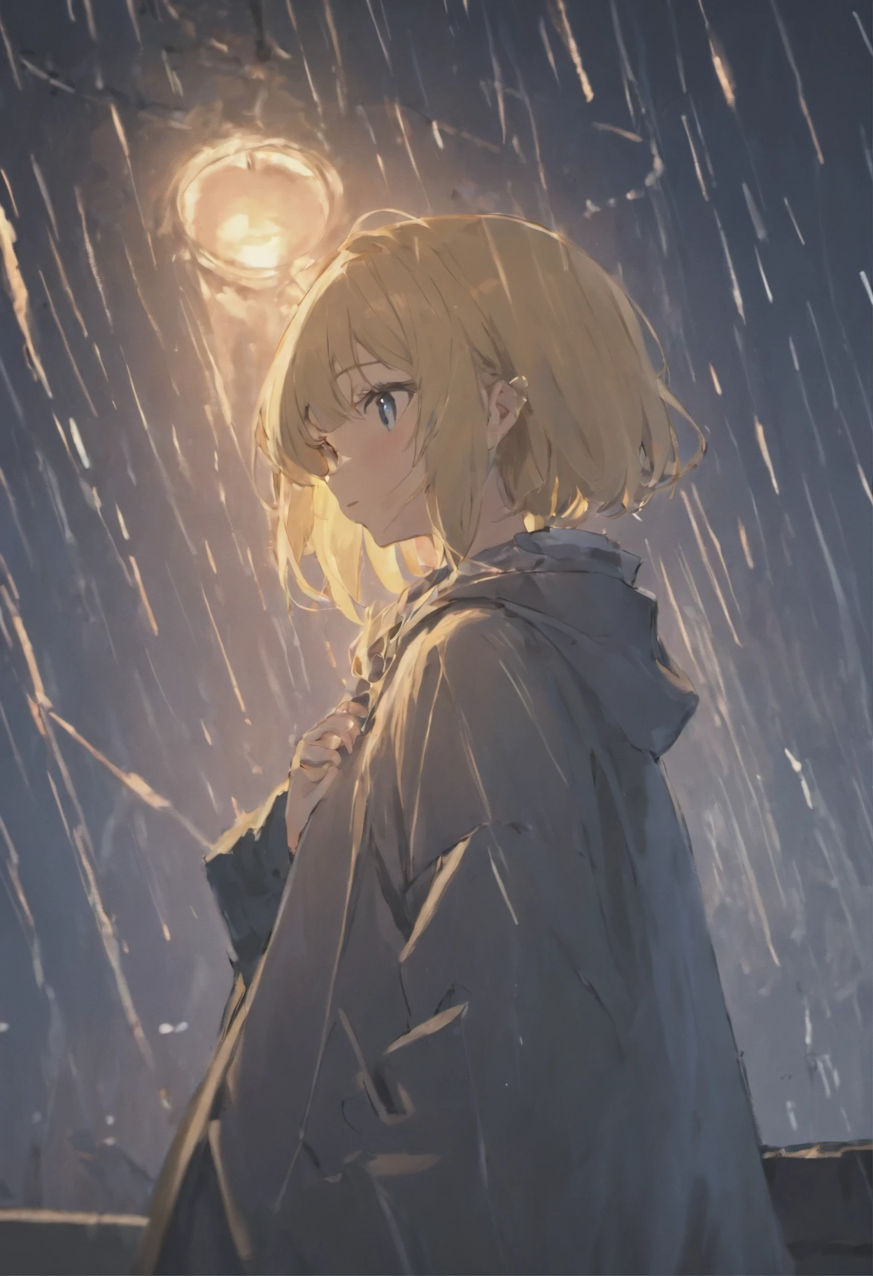Sad girl,cry,darkness,Rain sky,。.。.。.。.。.。.。.。.。.。.。.3D,Upscale,hard disk,Blonde short,is crying,with his back turned