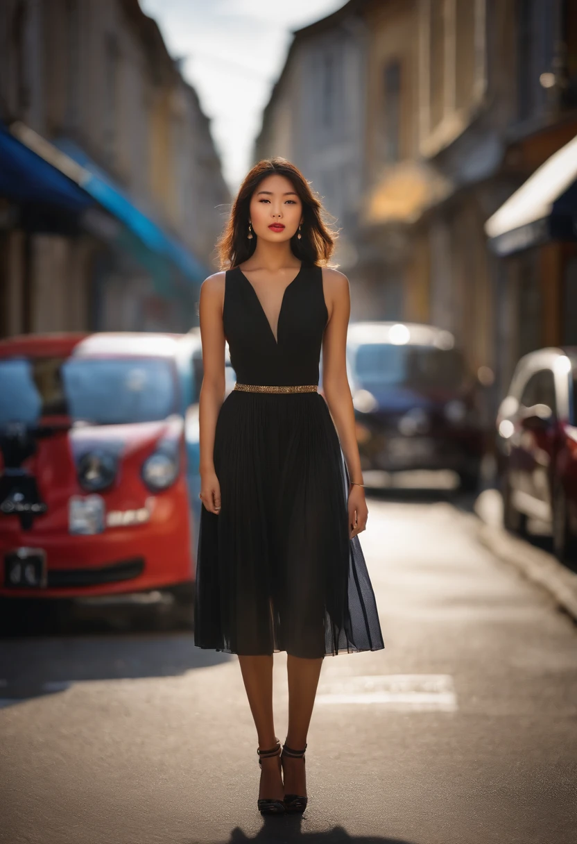 Une jeune femme asiatique debout dans la rue, Pose for a fashion photo shoot, blur background, Beau, photoreallistic, lavande France