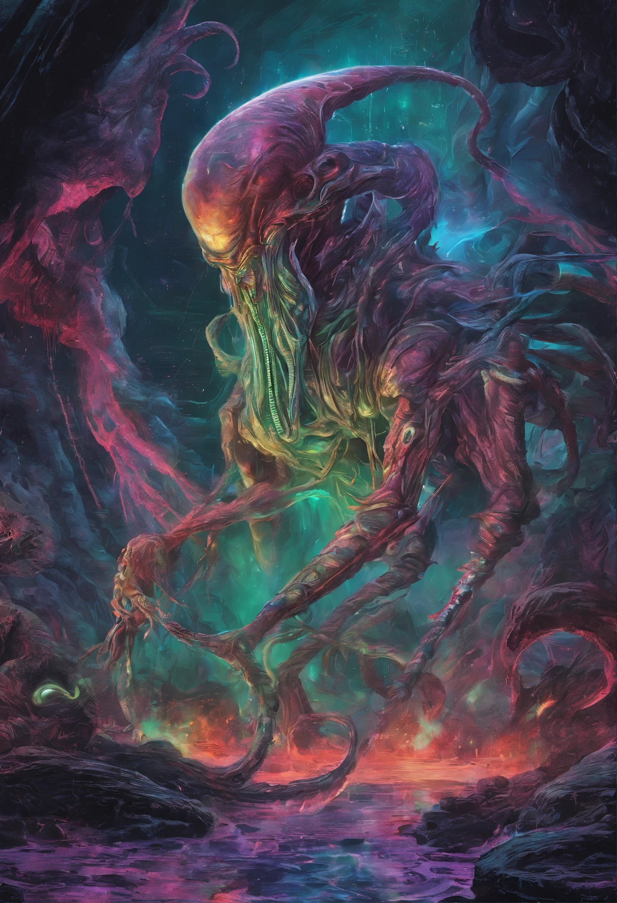 From distant cosmic regions a Monstrous Alien emerges, her white skin glows contrasting with rainbow-hued iridescences. Sinuous tentacles and sharp claws make up his terrifying figure, hipnotizando presas com olhos que emanam cores cambiantes. Balanced presence between beauty and cosmic horror, sua forma brilha intensamente com luzes coloridas.